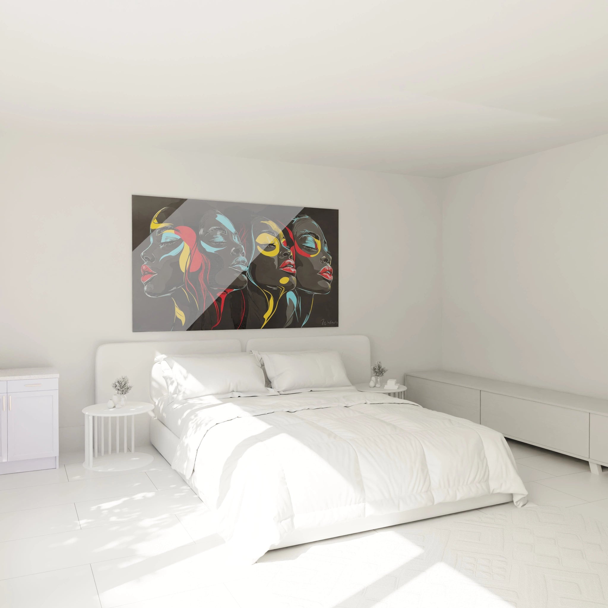 Tableau africain mural Walensky représentant un requin doré sur fond bleu accroché dans une chambre moderne
