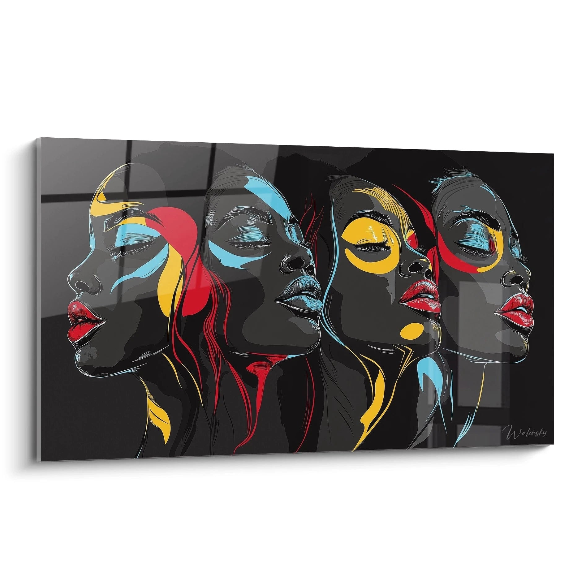 Tableau africain mural Walensky avec portraits de femmes stylisées en couleurs vives sur fond noir
