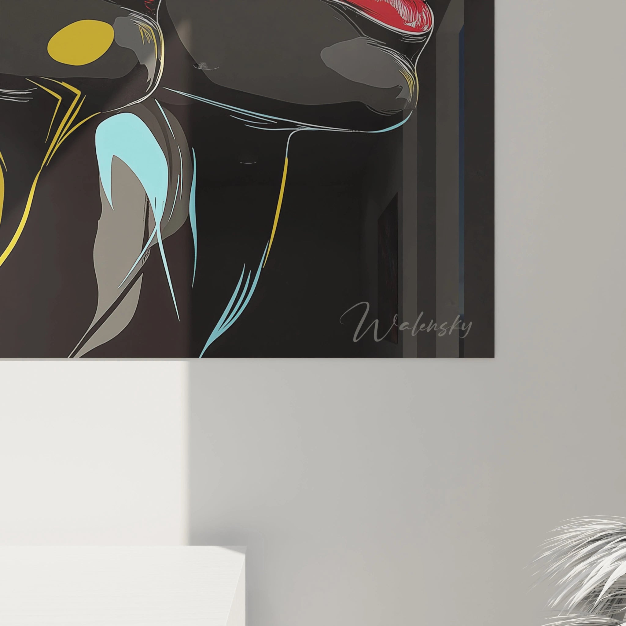 Détail de tableau africain mural Walensky aux motifs abstraits bleus et dorés