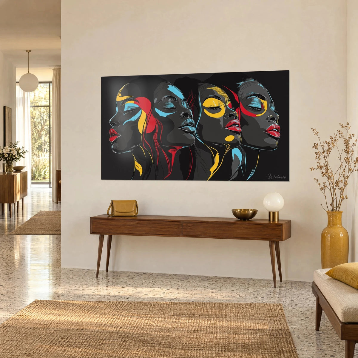 Tableau portraits en ligne de femmes endormies, fards bleu ciel et jaune vif sur peau sombre, vu de trois-quarts au-dessus d'une console en bois