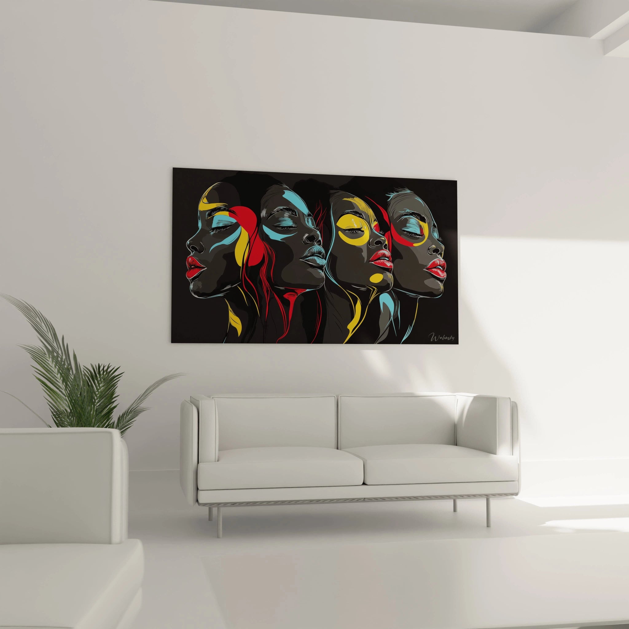 Tableau africain mural Walensky représentant un requin jaune sur fond bleu accroché au-dessus d'un canapé blanc