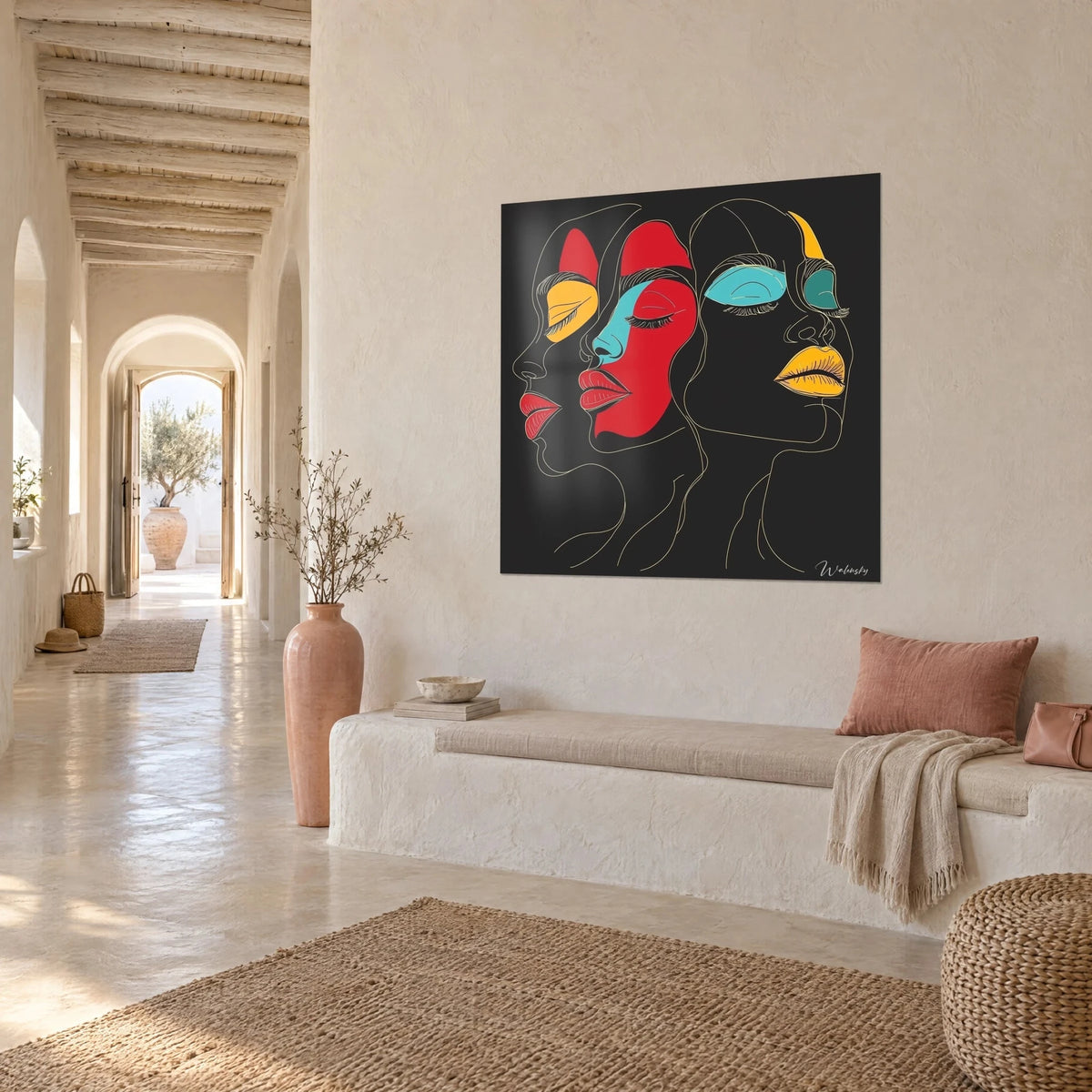 Tableau profils superposés aux paupières closes, joue rouge vif, œil turquoise et lèvres safran sur noir, couloir voûté d'une maison blanche