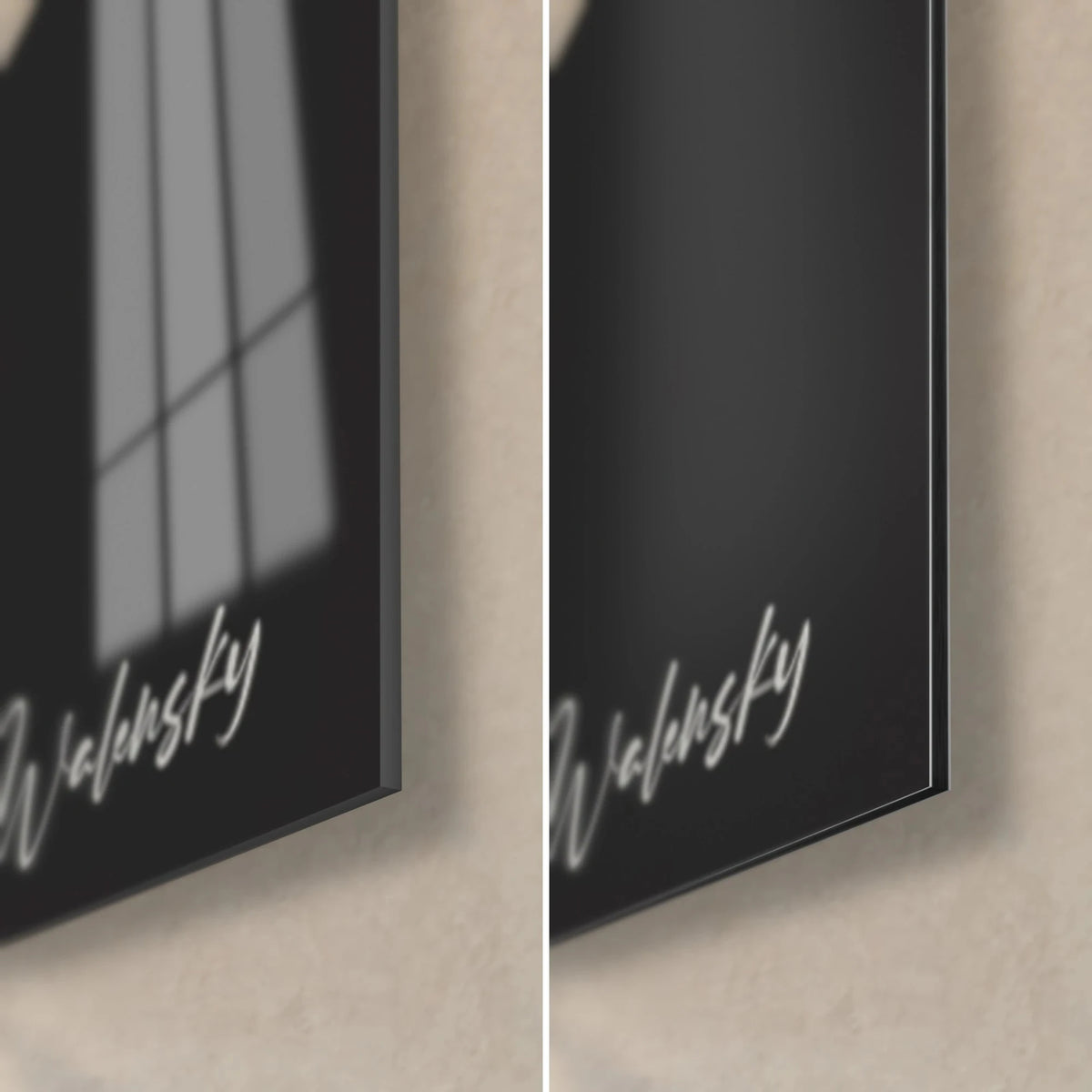 Tableau trois visages en ligne dorée, coin bas droit : signature Walensky blanche sur noir, verre brillant à gauche, Dibond mat à droite