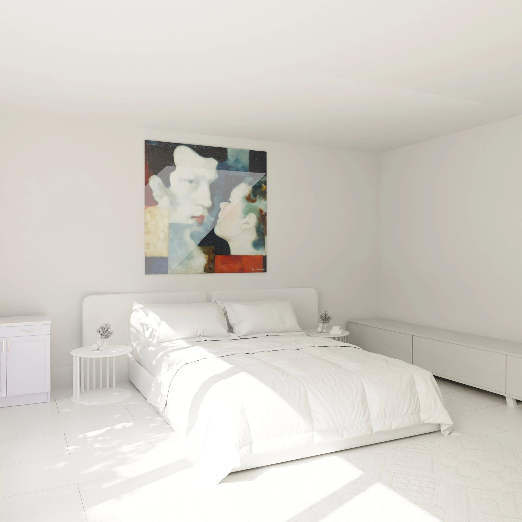 Tableau mural Walensky abstrait montrant deux visages colorés au dessus d'un lit blanc minimaliste, tableau dadaïsme original