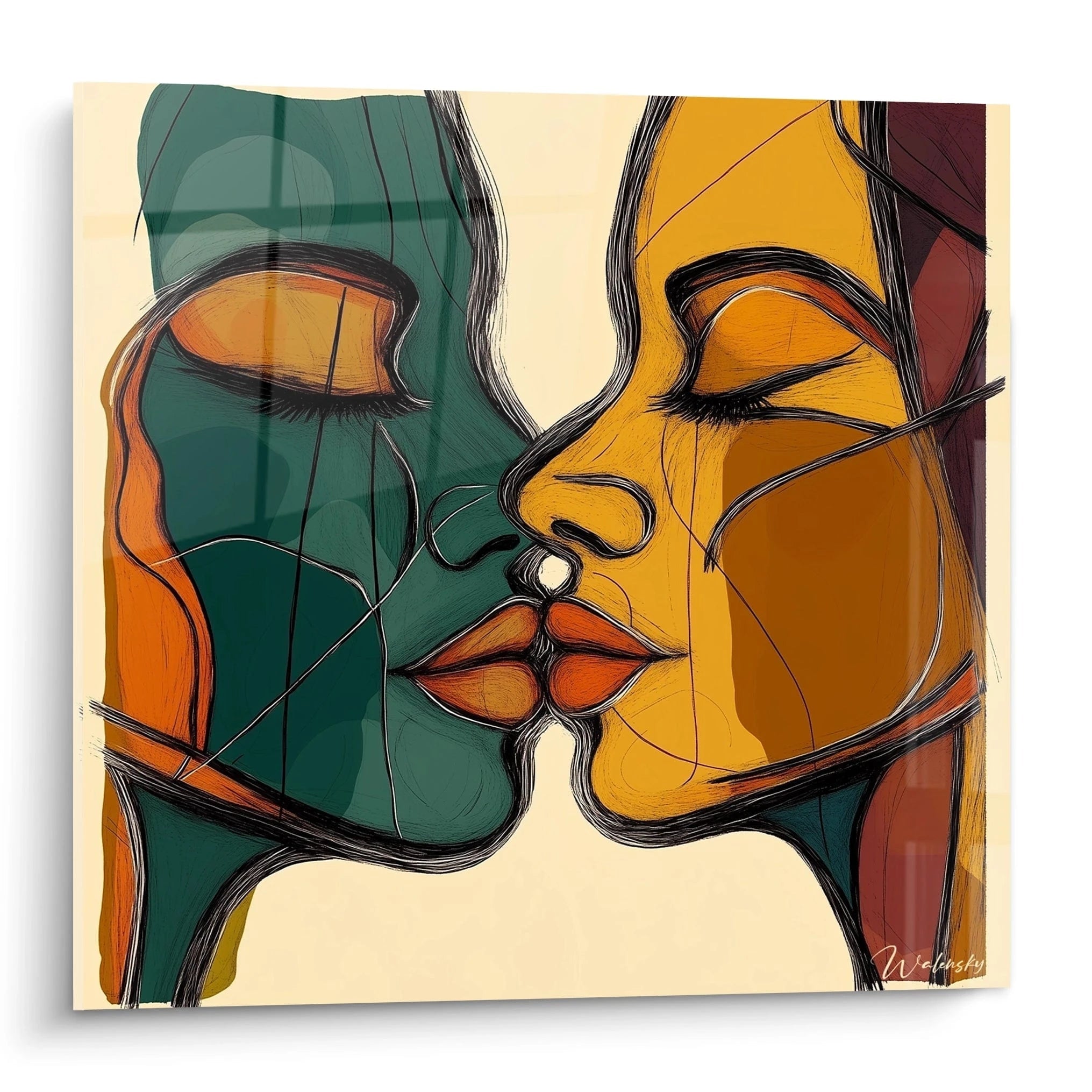 Un tableau visage abstrait représentant deux profils qui s'embrassent, l'un en vert émeraude et l'autre en jaune ocre, avec des lèvres orange vif et des traits noirs expressifs sur fond beige clair, créant une composition symétrique et contrastée.
