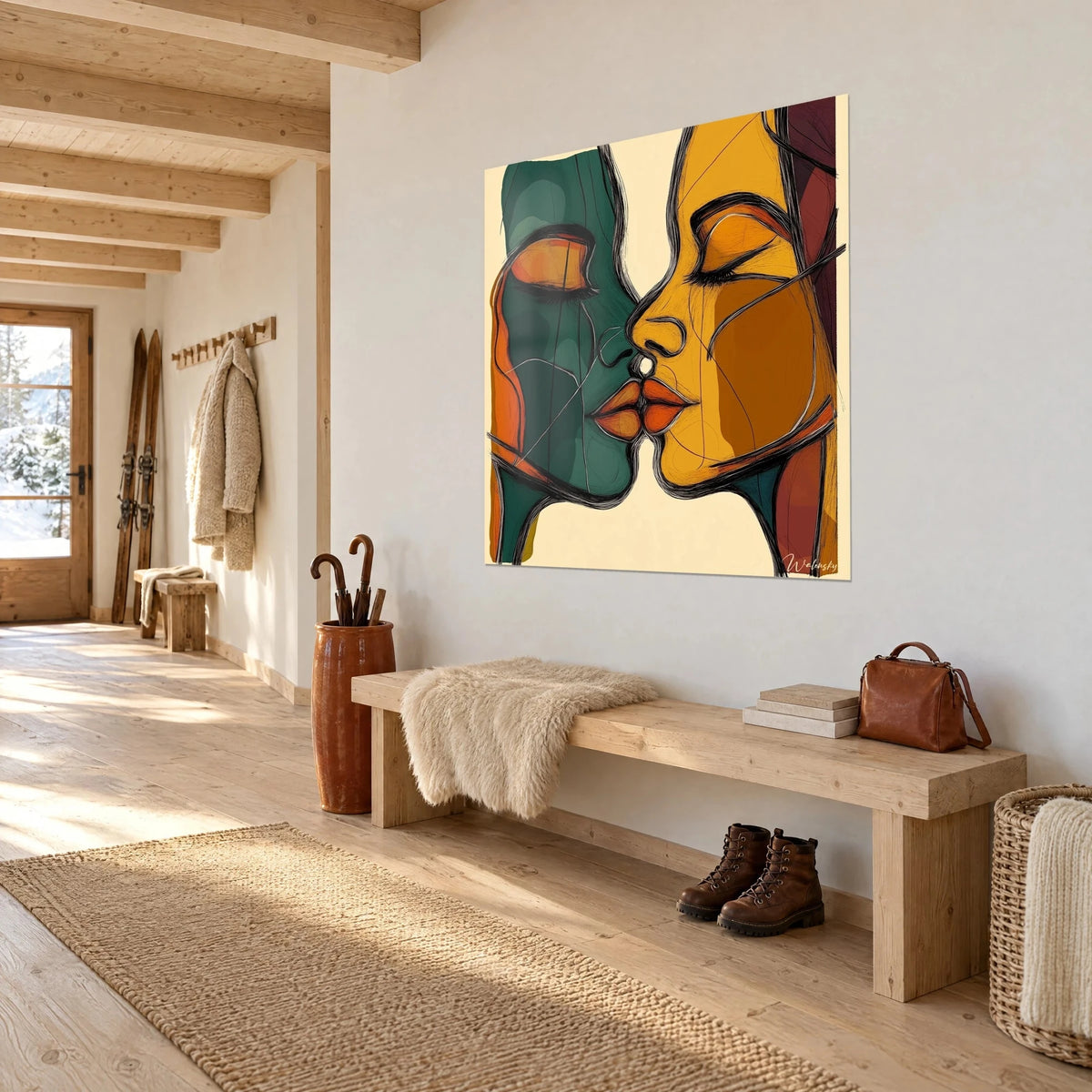 Cuadro de un beso estilizado con los párpados cerrados, mejilla verde y mejilla ocre delineadas con trazo negro, en la pared de la entrada de un chalet