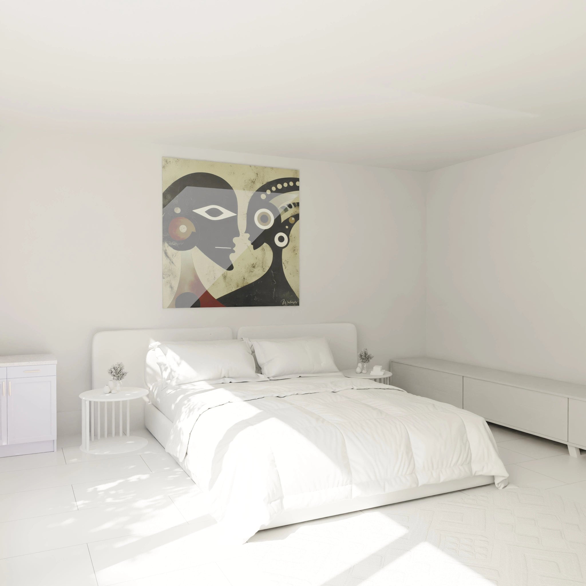 tableau art tribal moderne Walensky accroché au dessus d un lit blanc minimaliste dans une chambre lumineuse