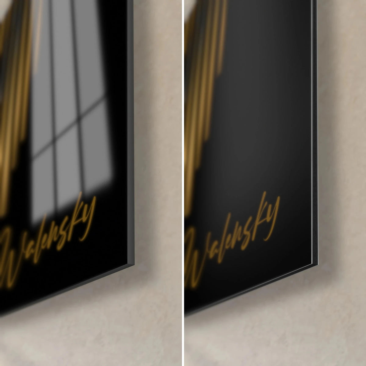 Wall art of a duo of gold and silver faces, lower right gold Walensky signature, glossy acrylic glass reflecting the window, matte black Dibond