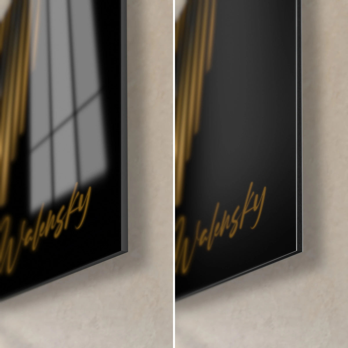 Cuadro de un dúo de rostros dorados y plateados, abajo a la derecha firma dorada Walensky, cristal acrílico brillante que refleja la ventana, Dibond negro mate