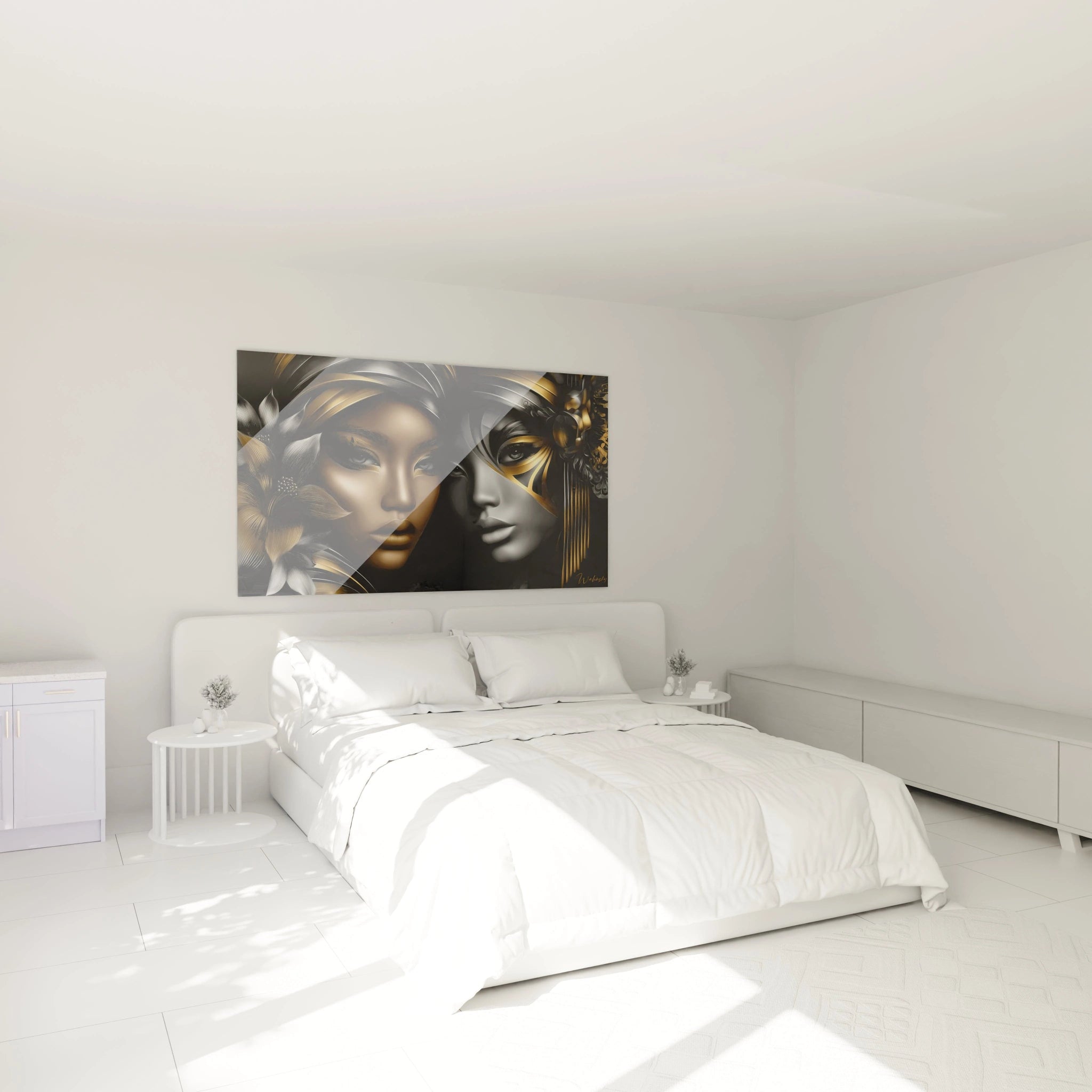 Décoration chambre tableau moderne dualité féminine tons or et argent ambiance