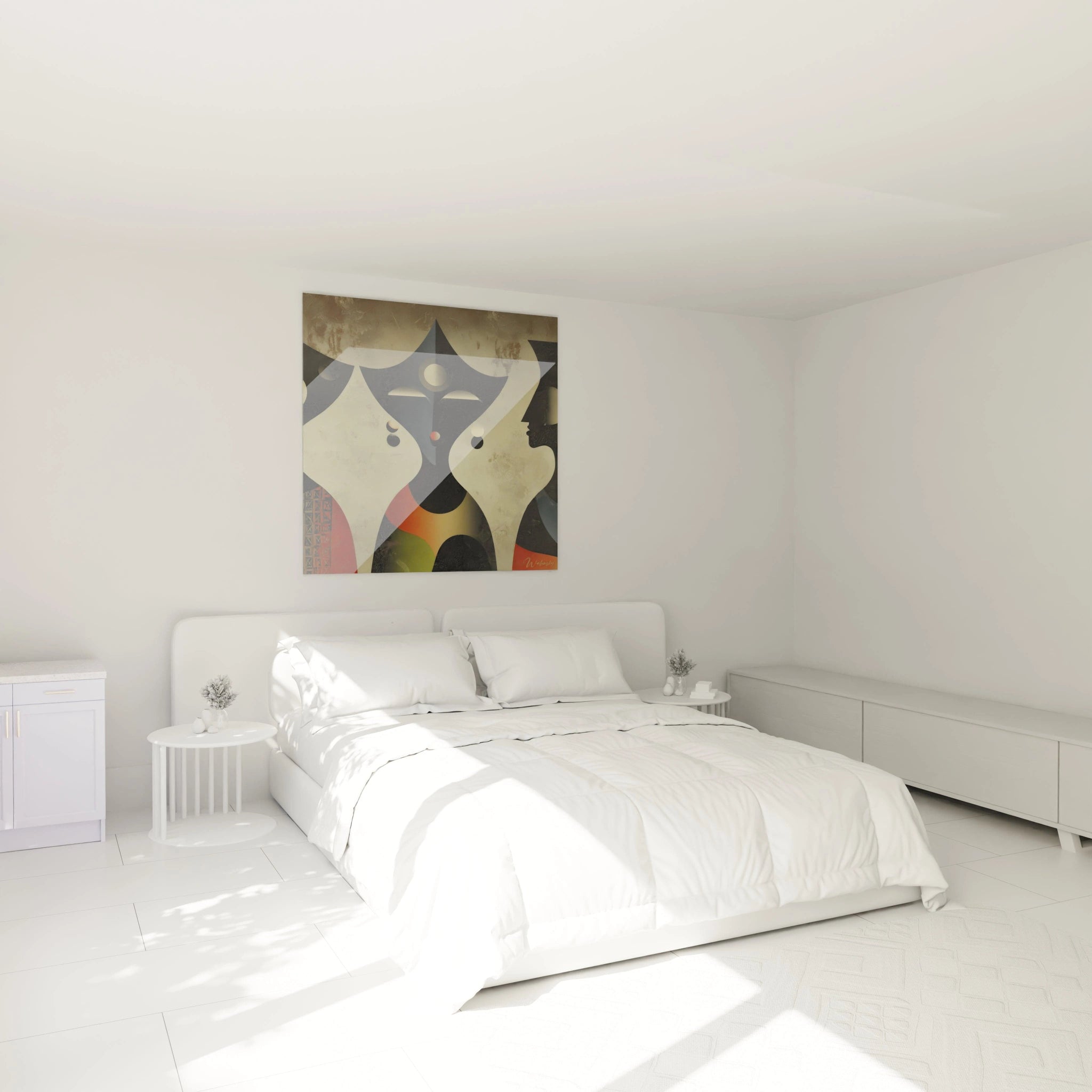 tableau art tribal Walensky mural abstrait de visages ethniques accroche au dessus d un lit blanc minimaliste