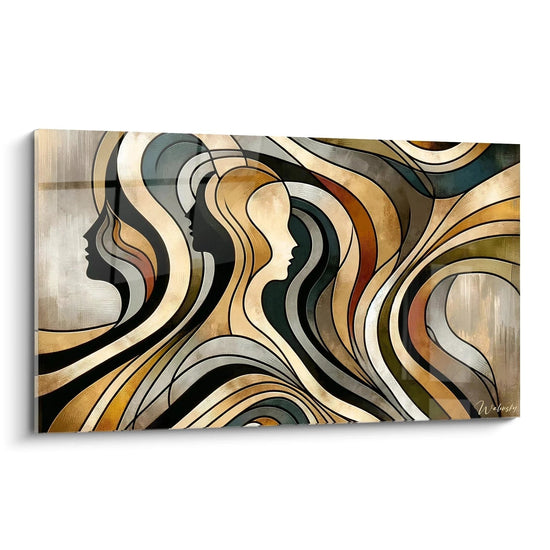 Quadro astratto di silhouette ondeggianti. Tavolozza di nero profondo, oro antico, grigio acciaio e tonalità verdi. Profili stilizzati, linee fluide intrecciate, texture metalliche e sfumature sottili.
