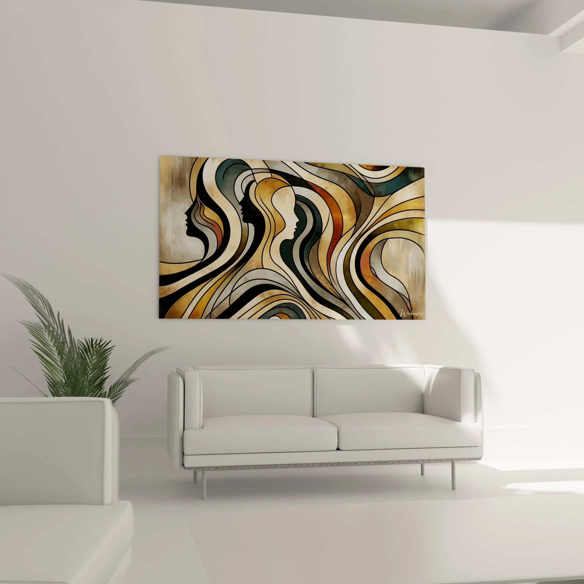 Tableau abstrait de profils entrelacés. Couleurs principales : noir mat, or pâle, gris anthracite et vert délavé. Formes courbes superposées, lignes ondulantes, compositions dynamiques.
