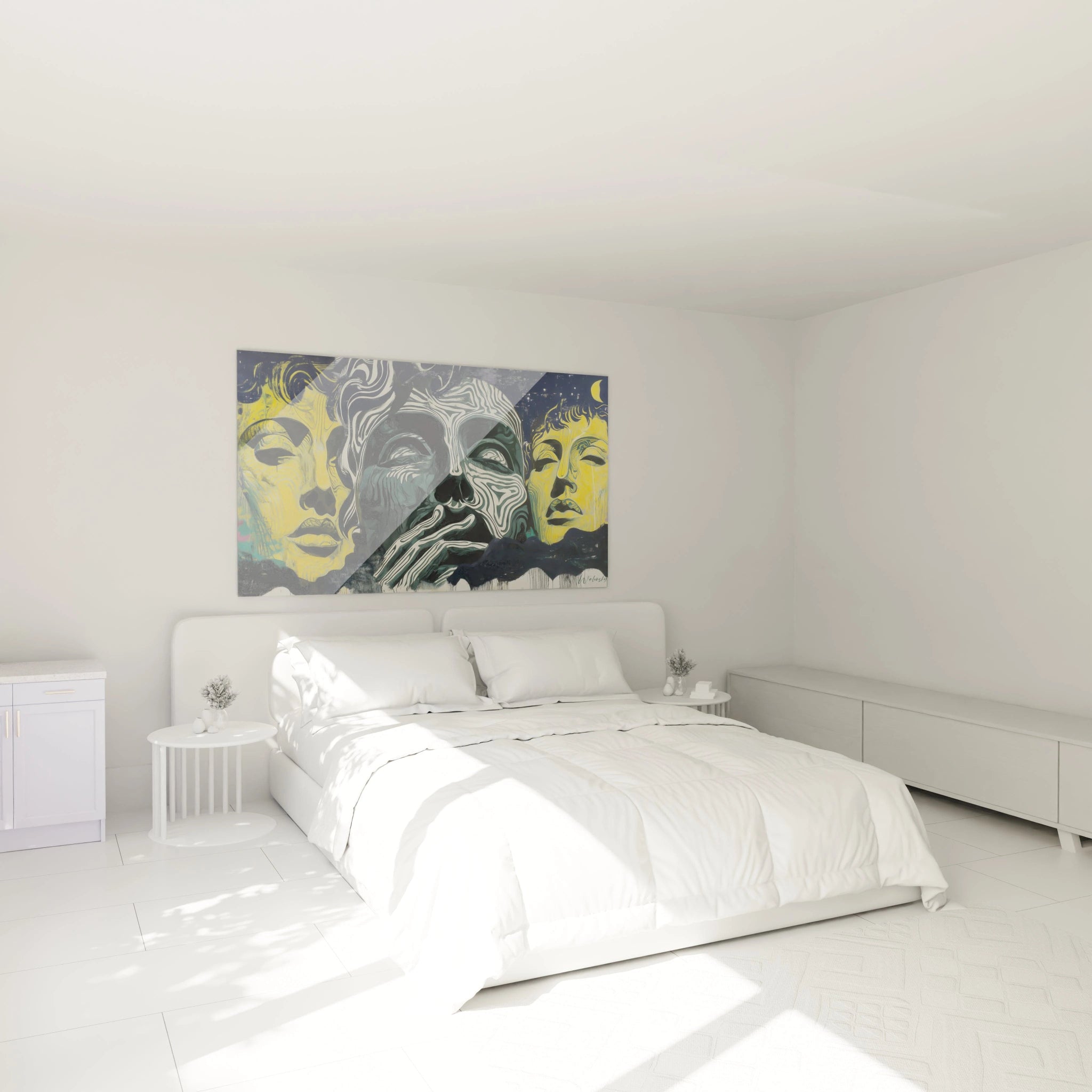 Tableau mural Walensky tableau art contemporain visages stylises jaune et bleu au dessus d un lit blanc