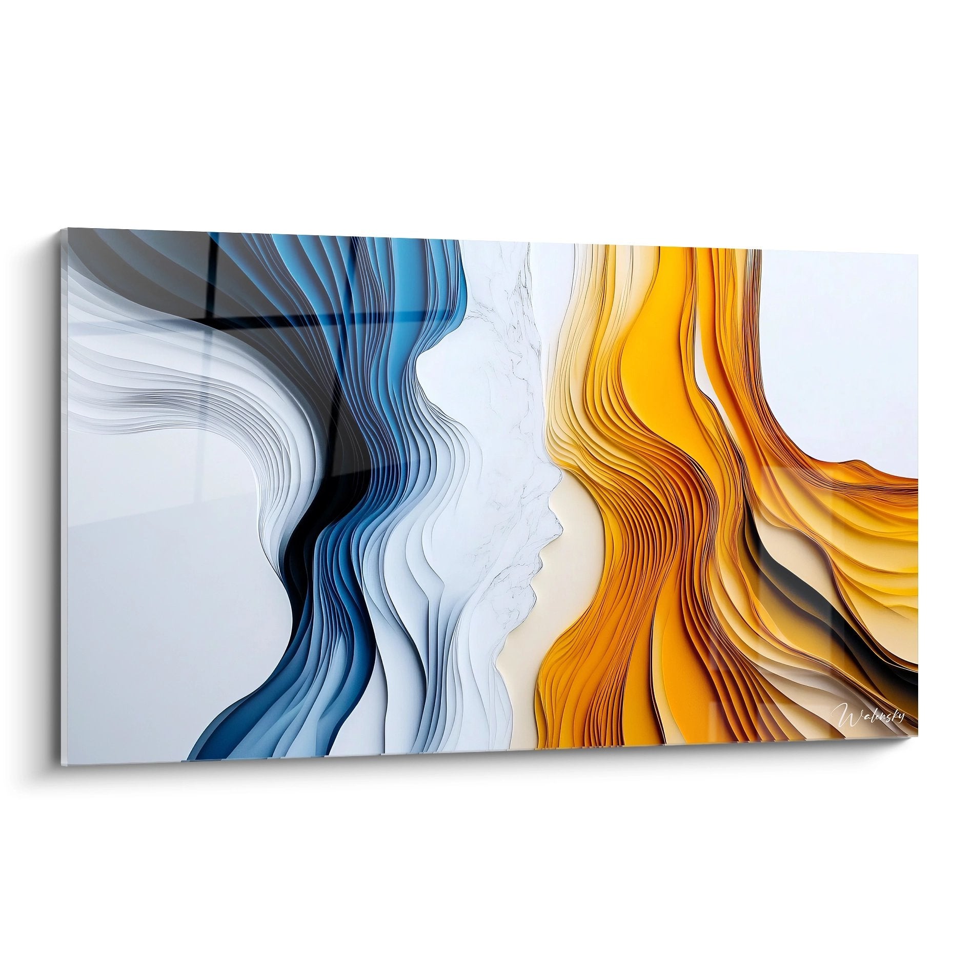 Tableau mural moderne abstrait représentant deux visages ondulés bleus et oranges en relief artistique