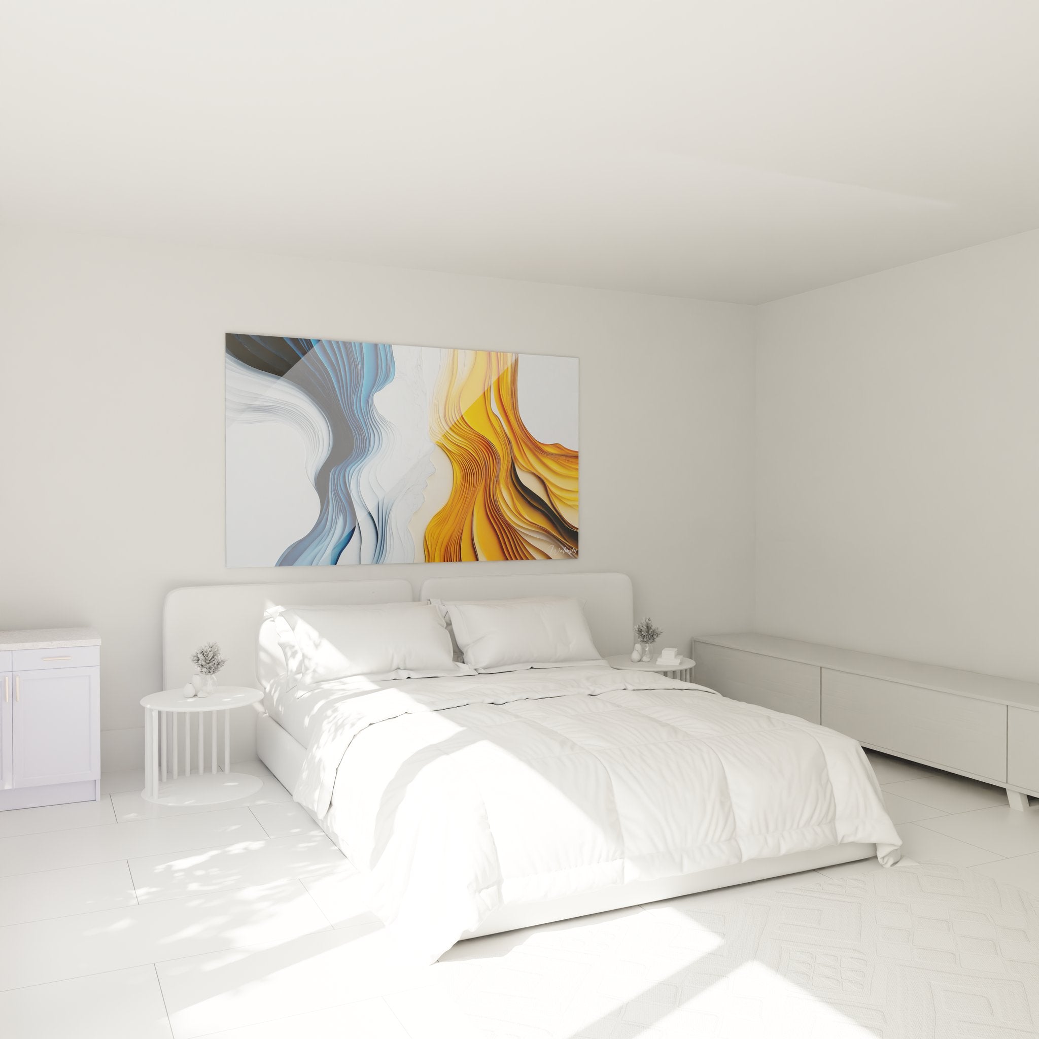 Tableau visages ondulés abstraits installé dans chambre moderne avec décoration contemporaine murale