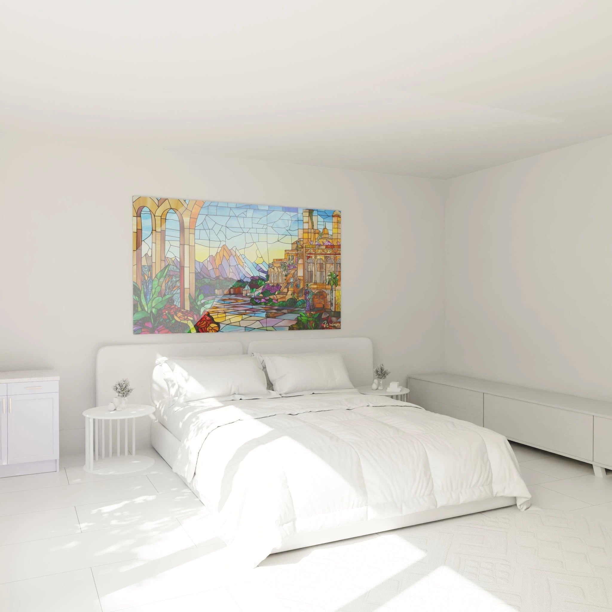 Un tableau vitraux d'inspiration orientale montrant une architecture palatiale, des jardins florissants et des montagnes aux couleurs vives sur fond de ciel bleu dégradé, créant une mosaïque lumineuse où chaque fragment coloré contribue à l'illusion d'une scène baignée de lumière traversant du verre.
