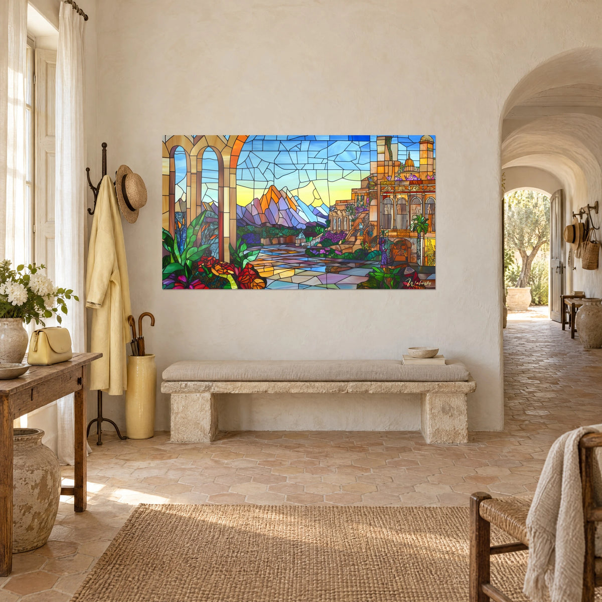 Wall art Arcadian city in stained glass: lilac and amber peaks, gilded palace with flowering balconies, blue sky, Provençal farmhouse