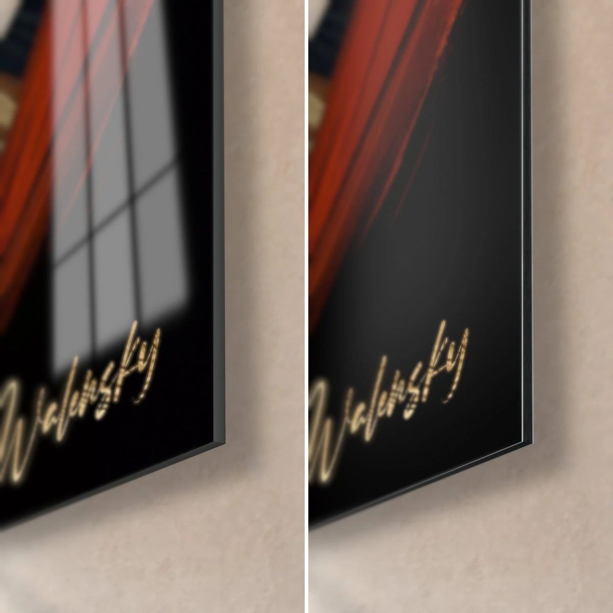 Cuadro cumbres estilizadas en negro y rojo ladrillo, esquina inferior derecha de cristal brillante con reflejos y aluminio Dibond mate, grosor de 3 mm