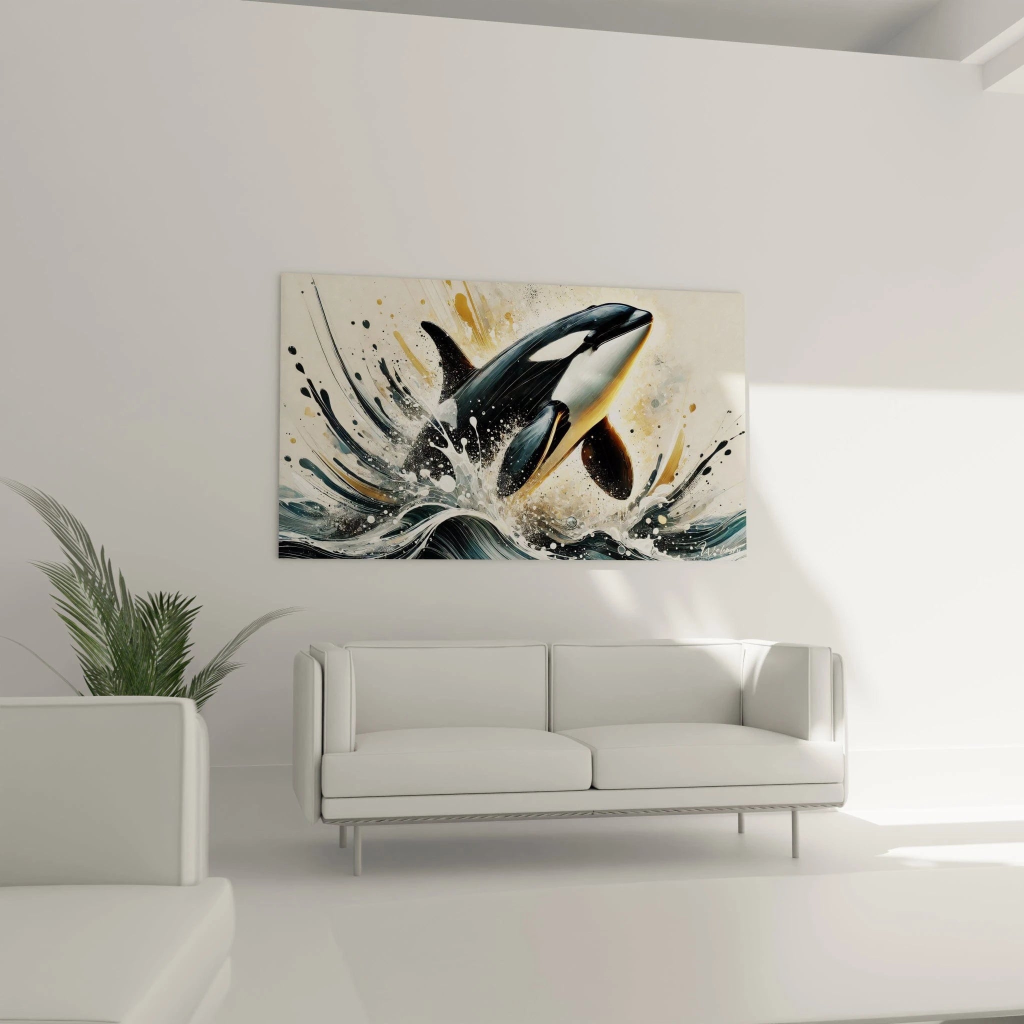 tableau orque au mur dans un salon contemporain au-dessus d’un canapé noir mettant en valeur l’océan et sa puissance

