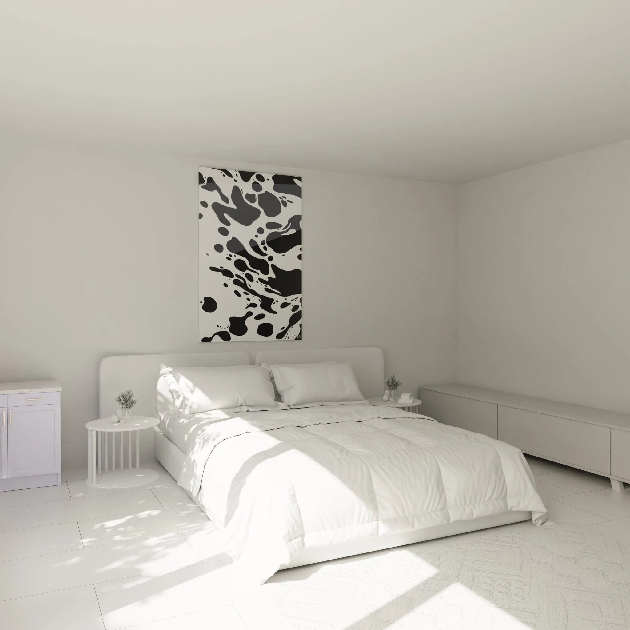 Tableau tacheté noir et blanc Walensky accroché au mur d'une chambre moderne et lumineuse