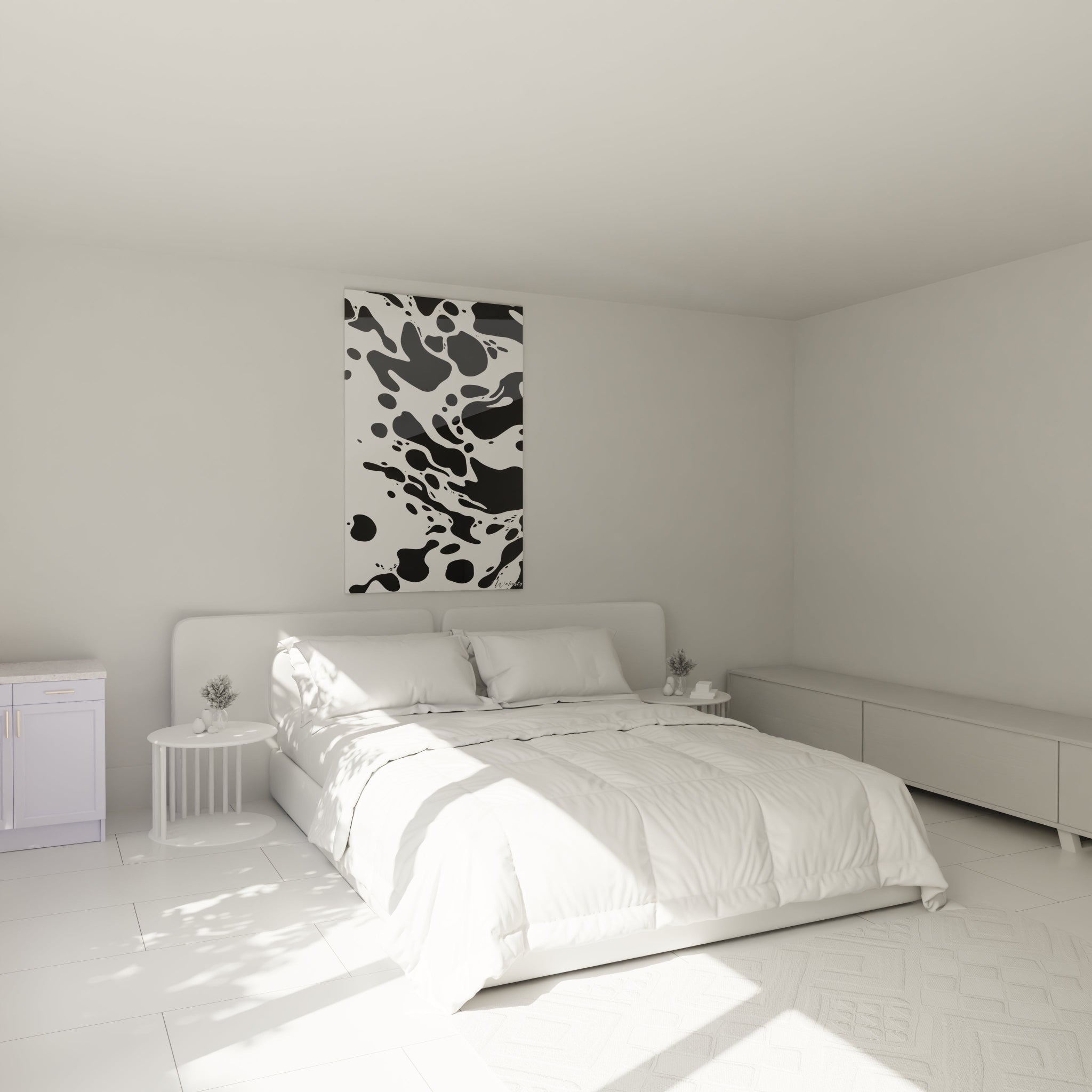 Tableau tacheté noir et blanc Walensky accroché au mur d'une chambre moderne et lumineuse