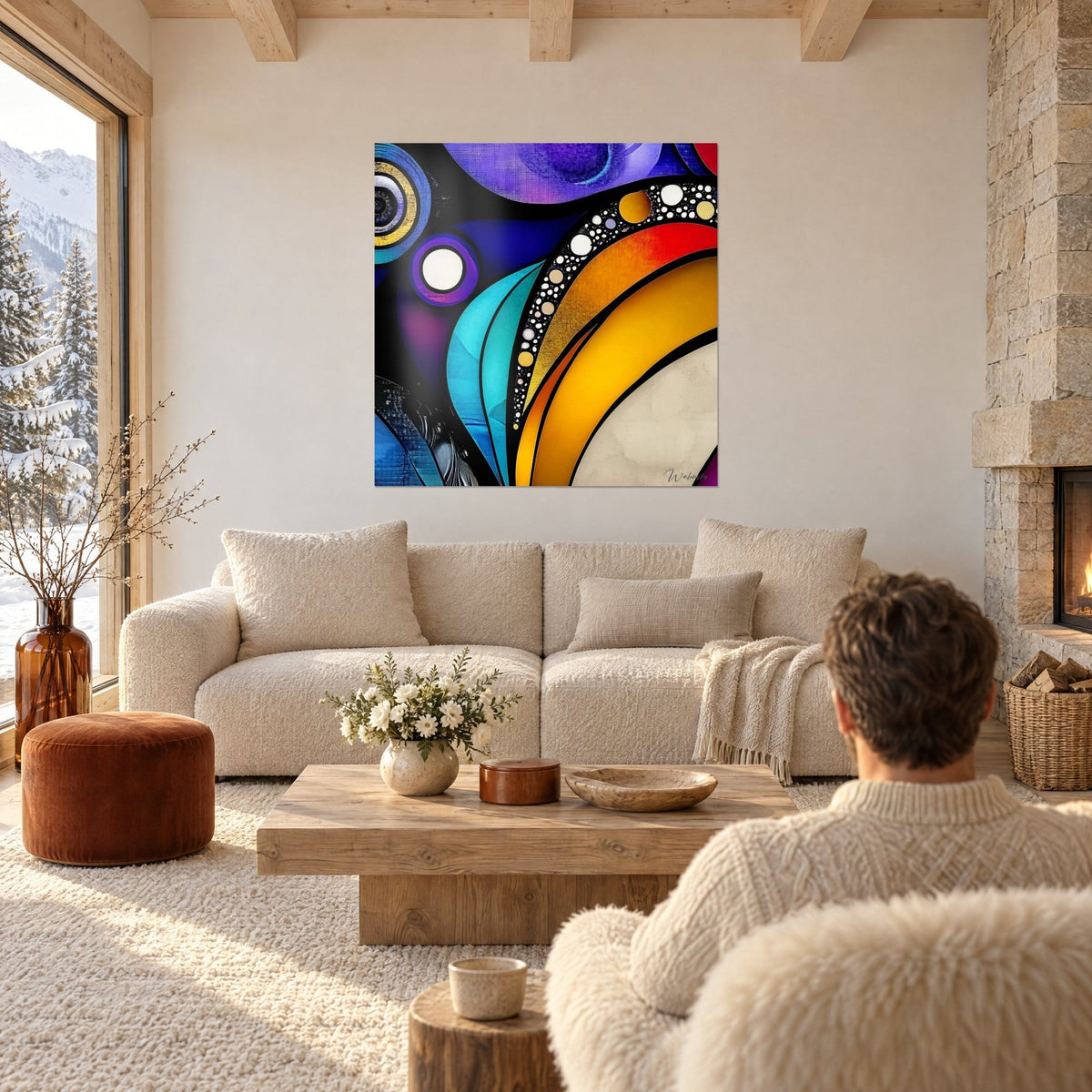 Wall art abstract symphony with orange and yellow arches on a black and purple background, above a sofa in a bright living room