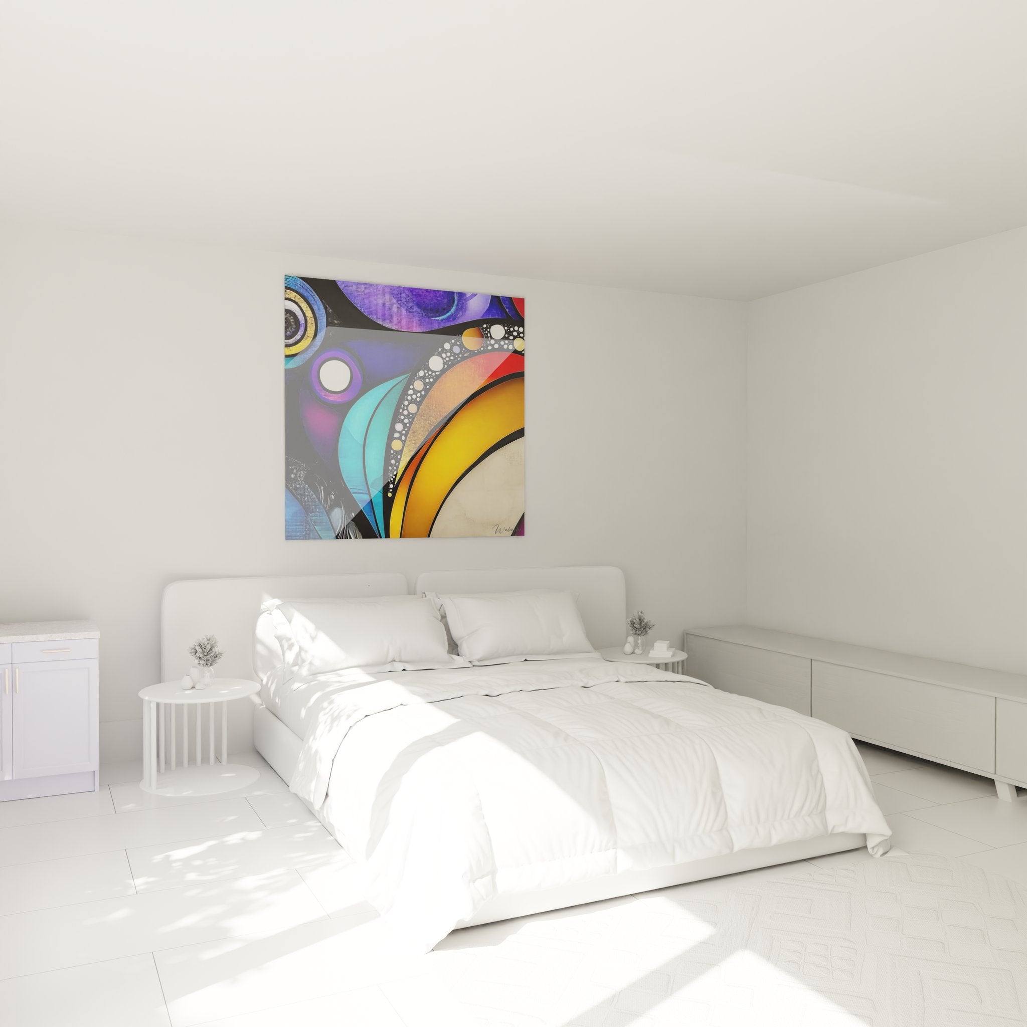 Tableau mural abstrait vitraux dans ambiance chambre moderne avec décoration contemporaine
