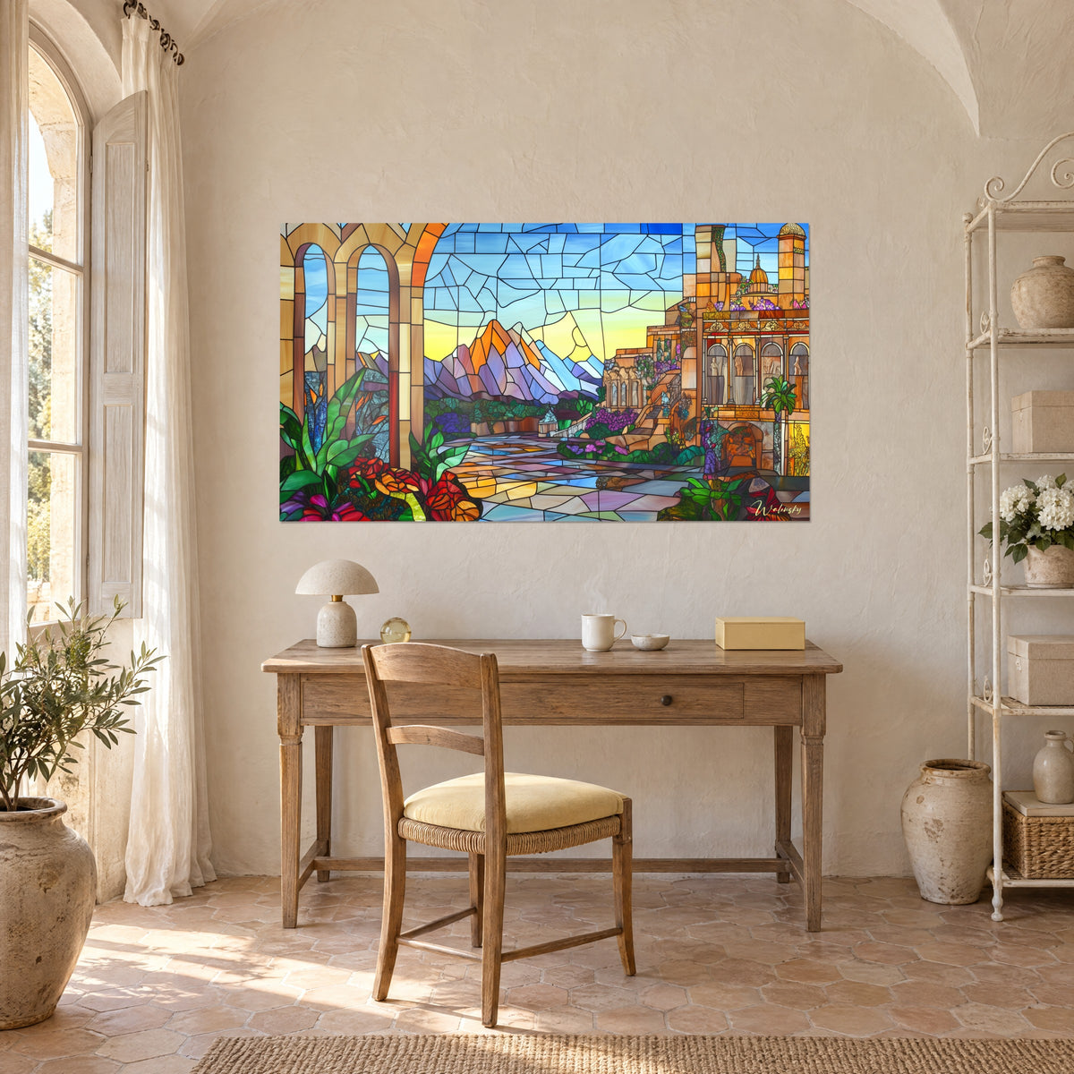Wall art terrace of blue, orange and mauve mosaic, staircase of gilded stone, violet mountains, above a wooden desk