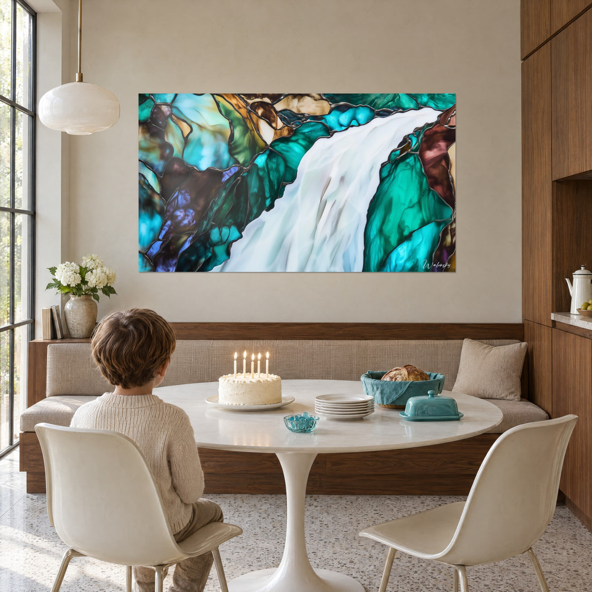 Cuadro río de leche en vidriera con matices jade y chocolate, ventana de vidrio de color en un comedor luminoso