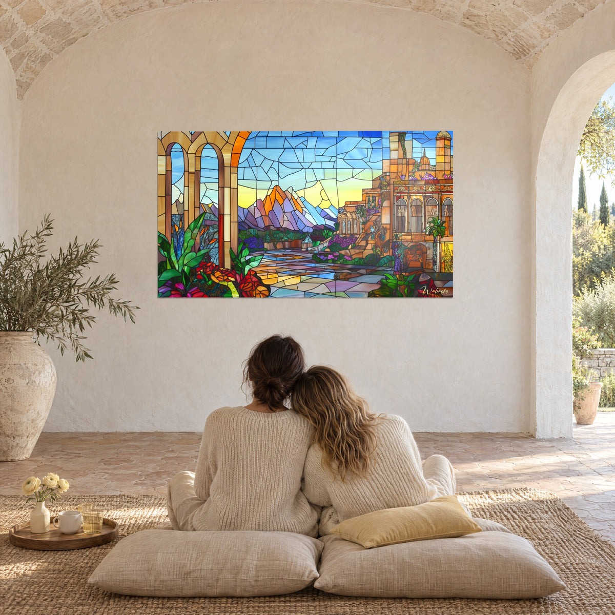 Wall art stained glass scene of a palace with a golden dome, orange and blue peaks, ochre arcade border, vaulted salon of the farmhouse