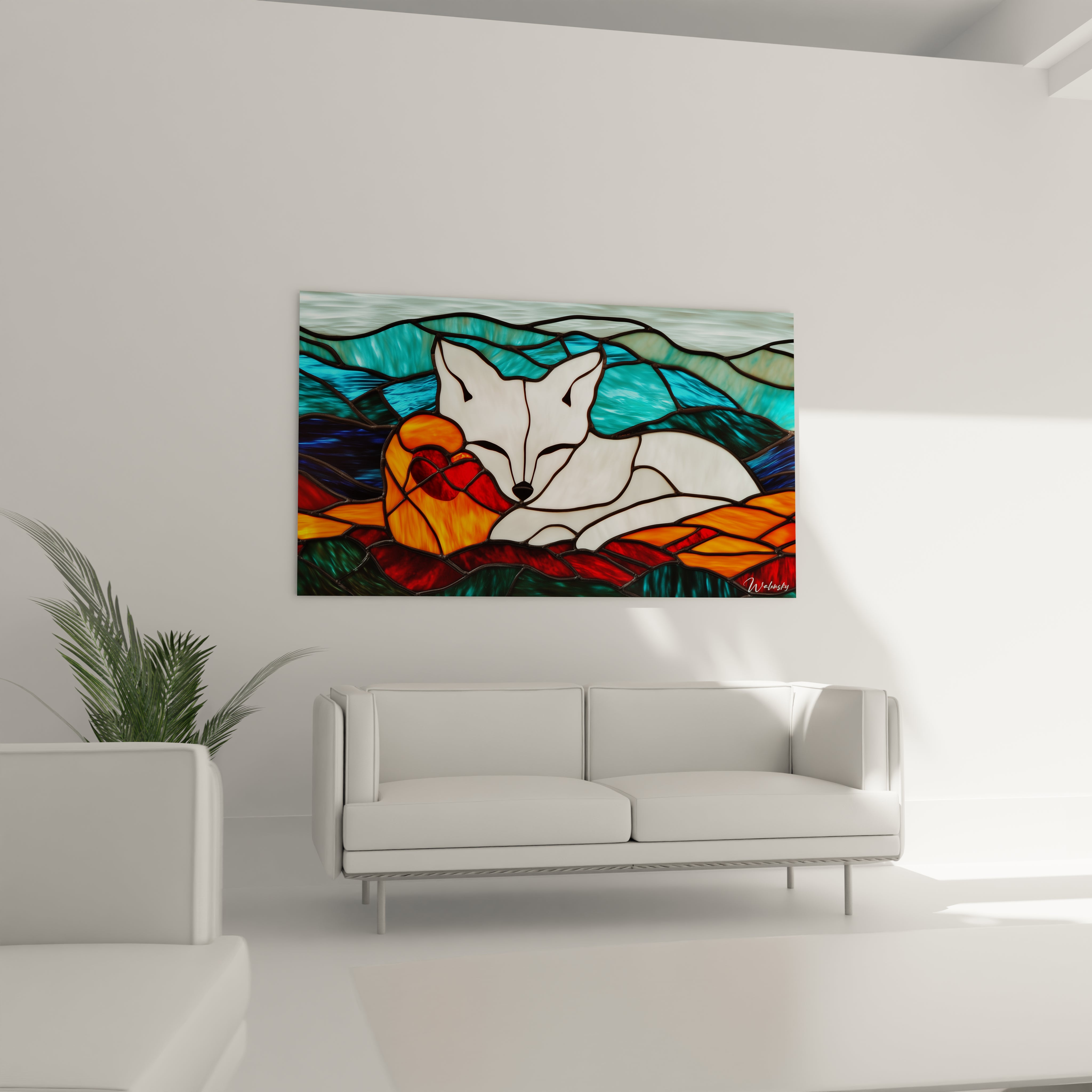 Un tableau renard blanc composé de segments de vitrail aux contours noirs distincts, présentant un animal endormi sur un paysage stylisé aux teintes turquoise pour le ciel et orange-rouge pour le terrain.
