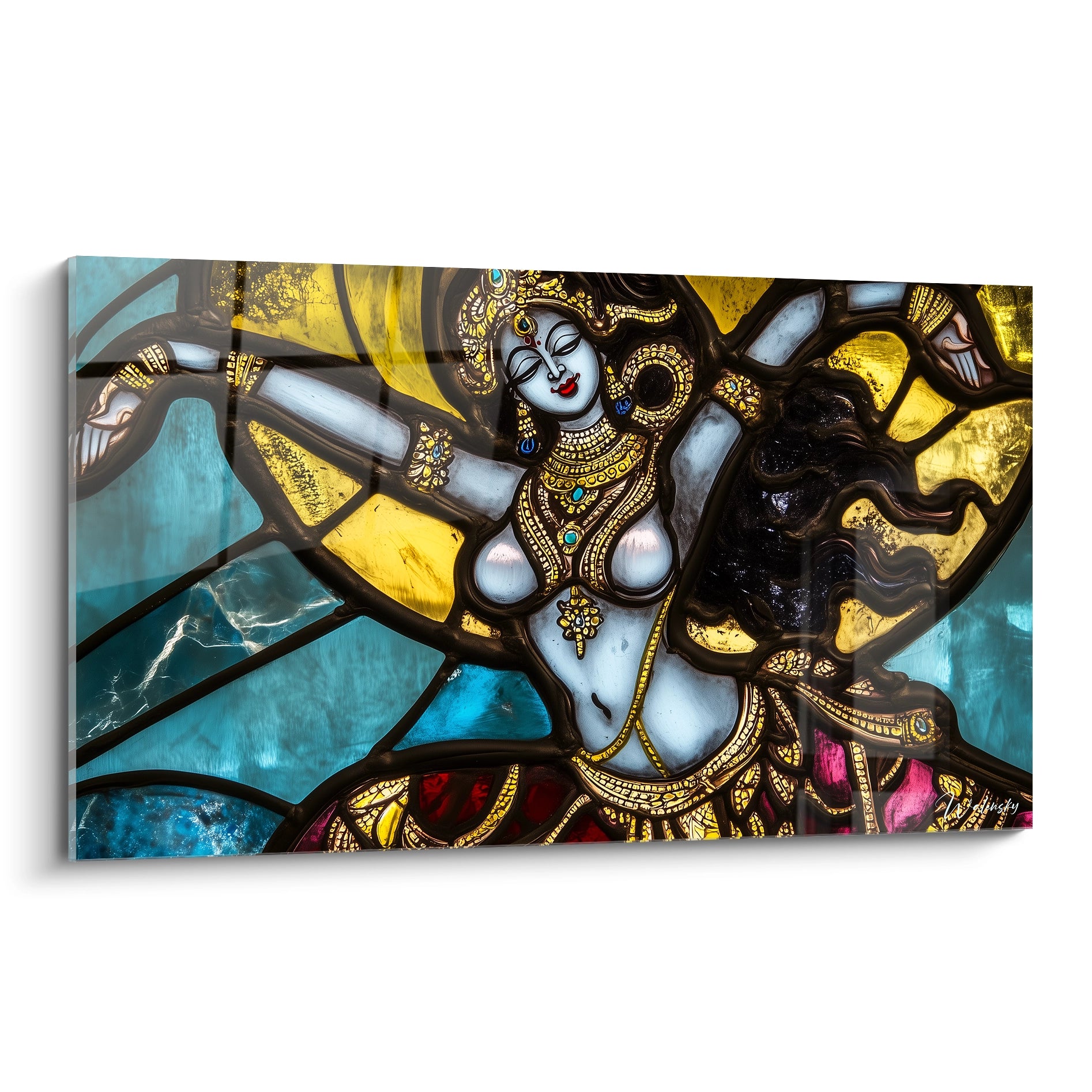 Un tableau vitraux représentant une déesse indienne ornée de bijoux dorés, avec corps bleu clair et longs cheveux noirs, entourée de segments géométriques turquoise, or et rouge, créant un effet lumineux de mosaïque sacrée.
