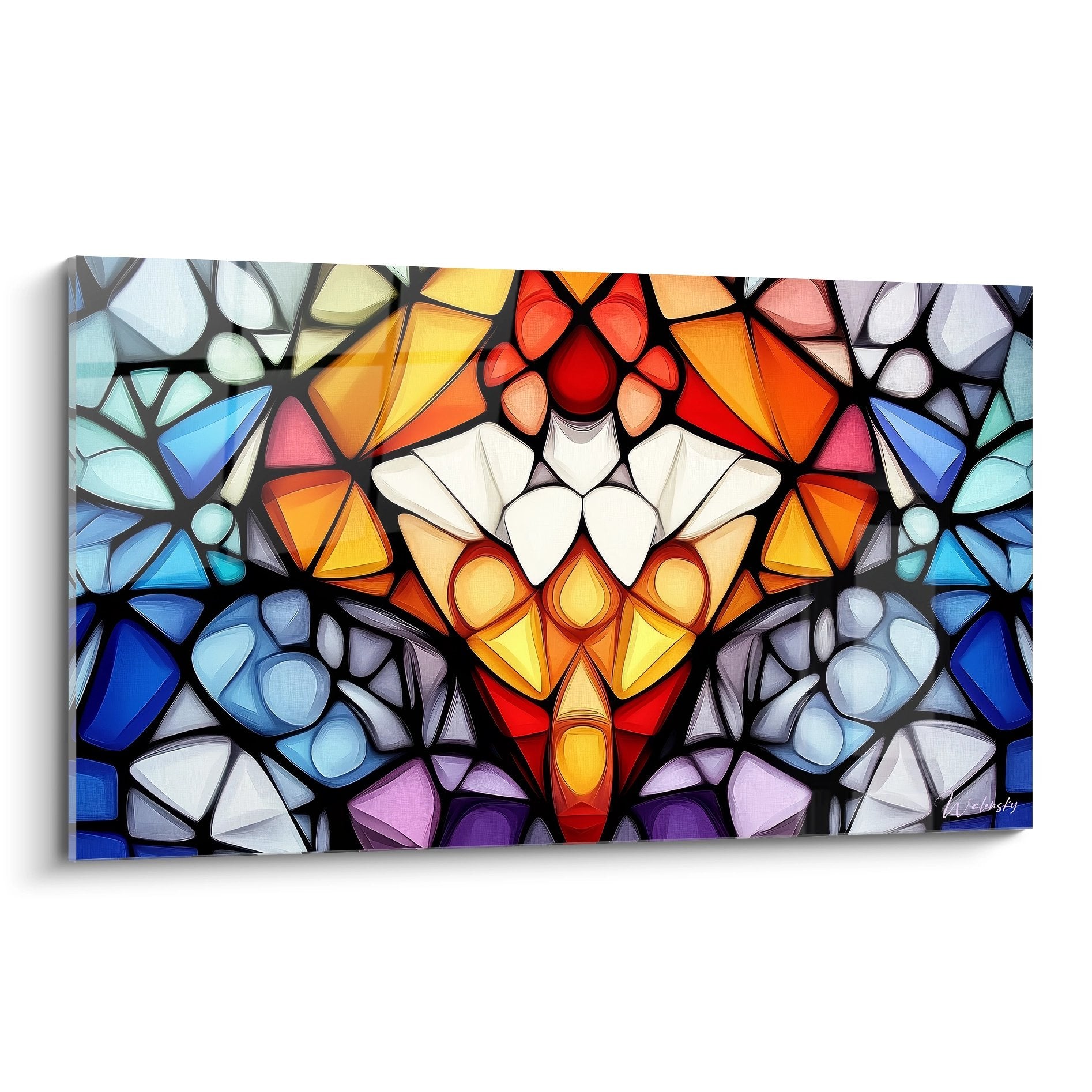 Tableau mural vitraux motif floral géométrique aux couleurs chatoyantes style kaléidoscope décoratif