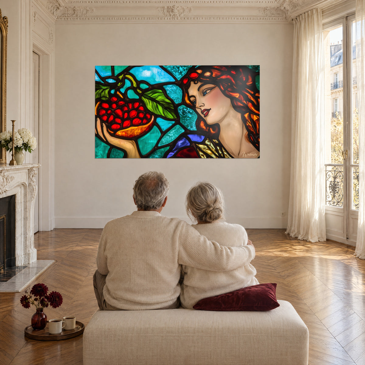 Wall art of a goddess with orange hair and a pomegranate in stained glass, duck blue and bright red, facing a couple seated from behind