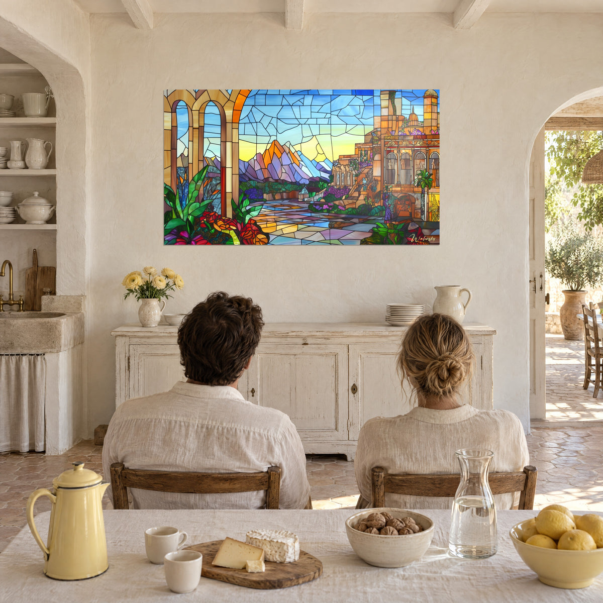Wall art ancient villa with ochre arches and statues, garden of violet and green plants, pastel sky, Provençal dining room
