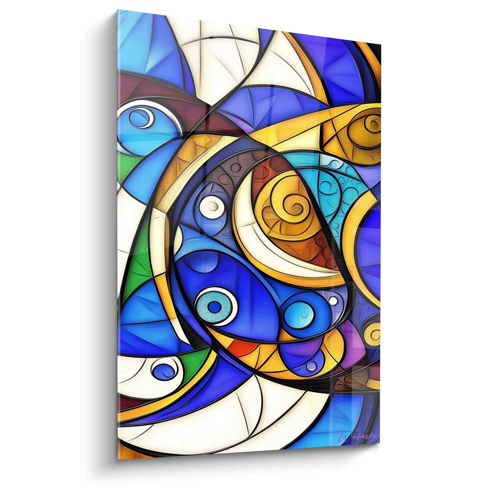 Tableau mural style vitraux avec spirales abstraites colorées bleu orange sur fond blanc