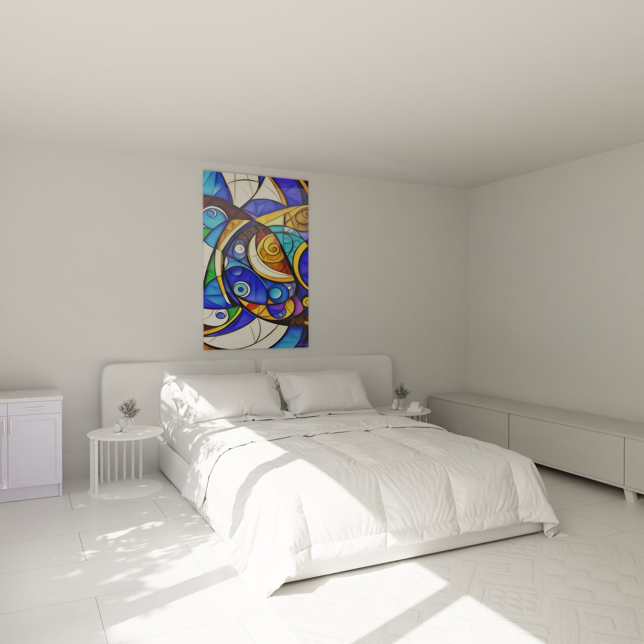 Ambiance chambre avec tableau vitraux spirales abstraites accroché au mur moderne