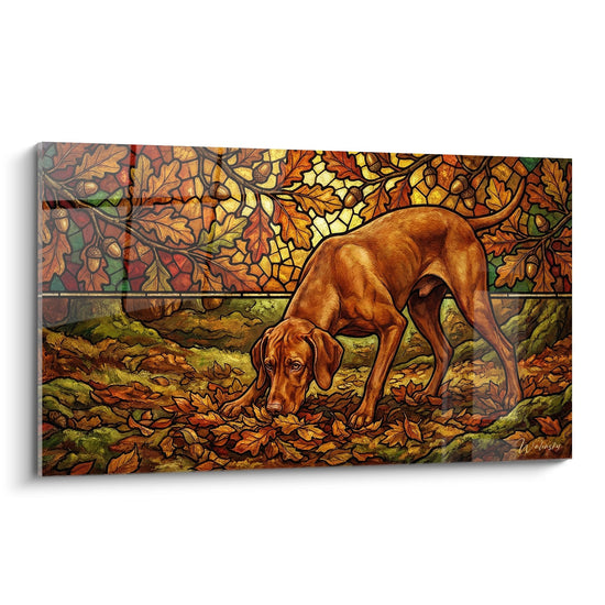 Stained glass style painting of a red Vizsla dog digging in autumn orange and golden leaves on decorative canvas
