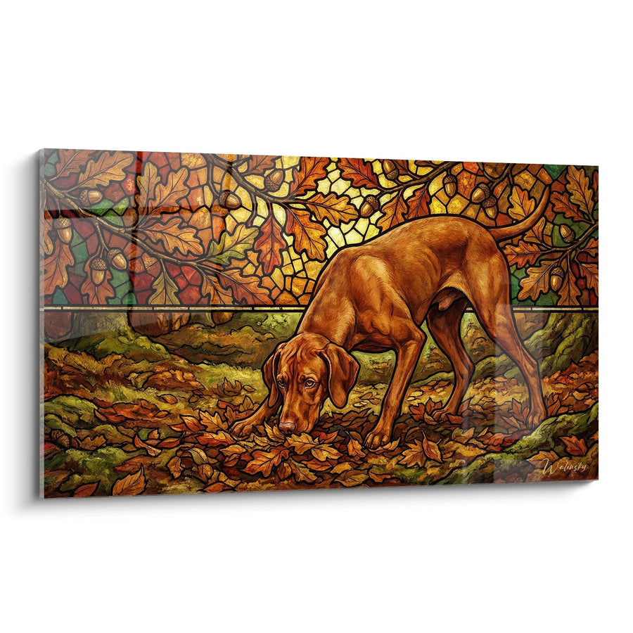 Tableau Chien Roux dans Feuillage Automnal Vitrail - Éclat d'Automne - Edition Vizsla