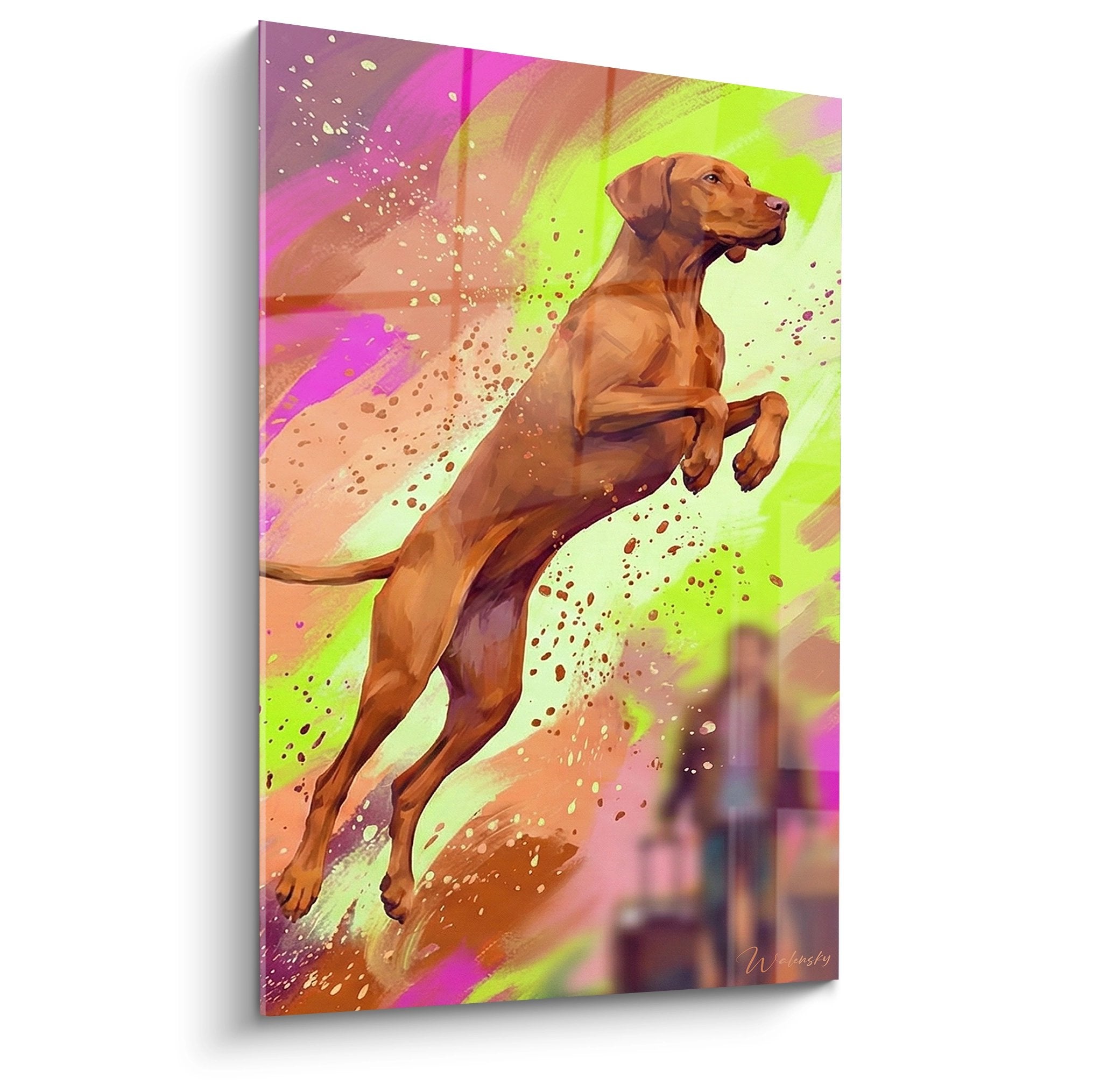 Tableau moderne vizsla bondissant eclaboussures colorees vert rose mouvement dynamique
