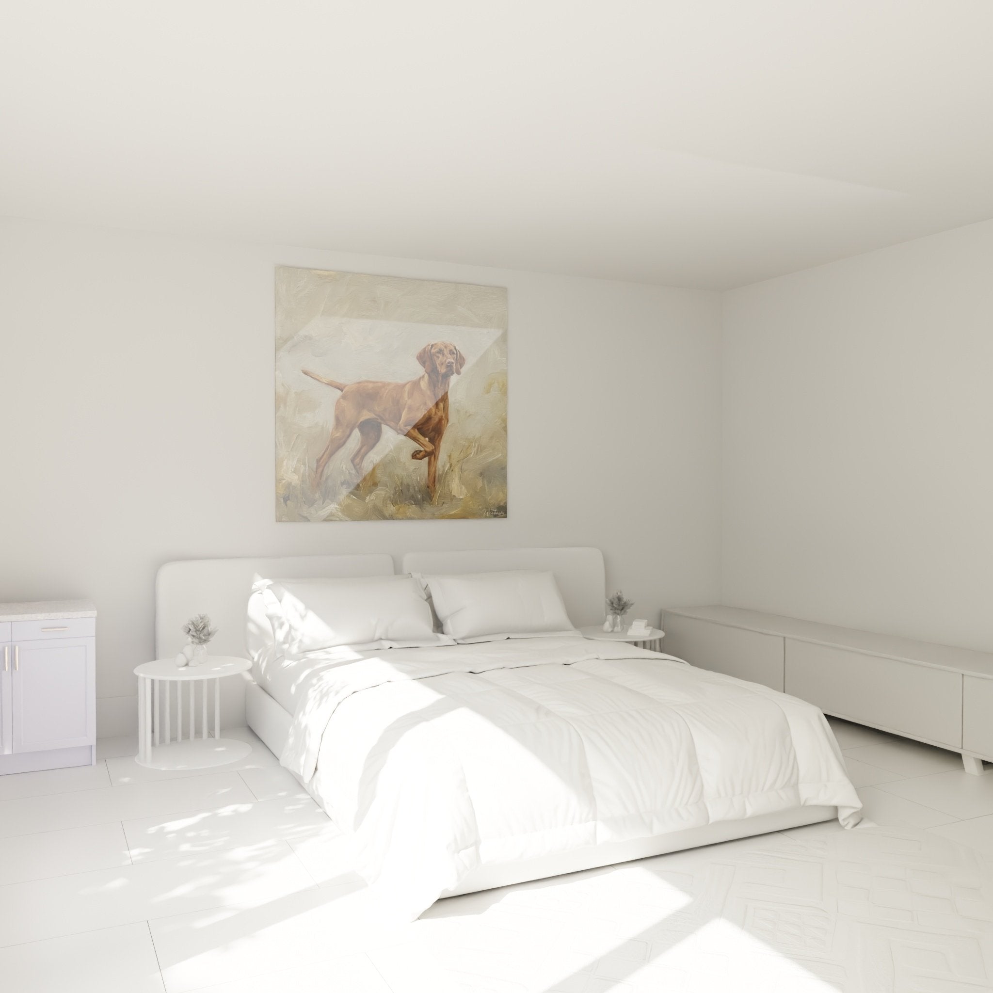 Tableau Vizsla roux dans chambre moderne, décoration murale élégante avec chien en position d'arrêt
