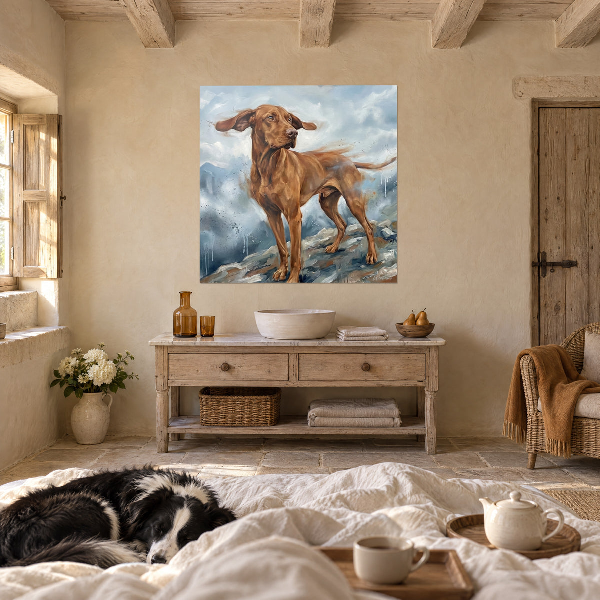 Quadro bracco rosso fulvo con la coda alzata, schizzi scuri su nuvole azzurrate, sopra un letto in una camera luminosa