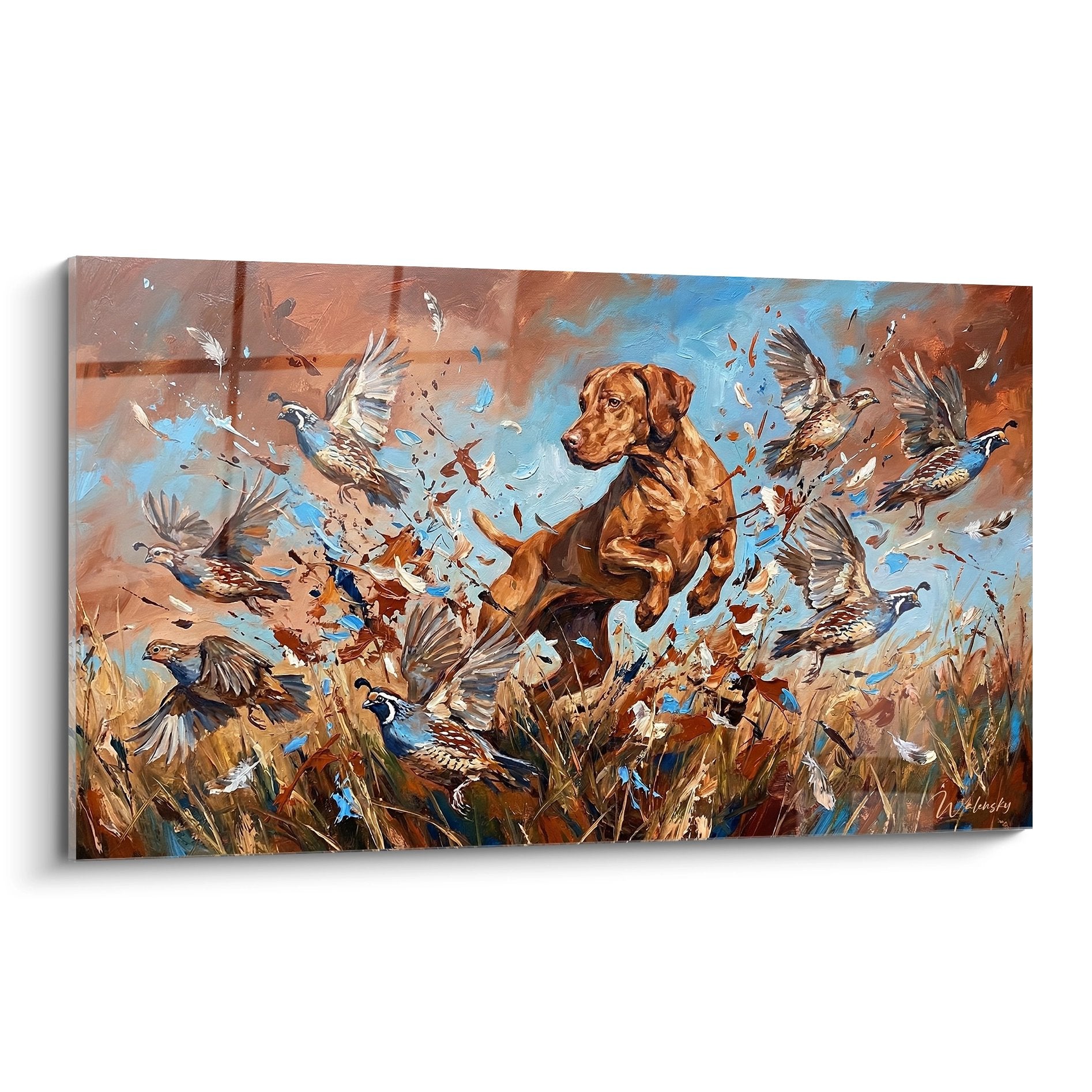 Tableau chien Vizsla en action avec vol de cailles dans paysage automnal ocre et bleu