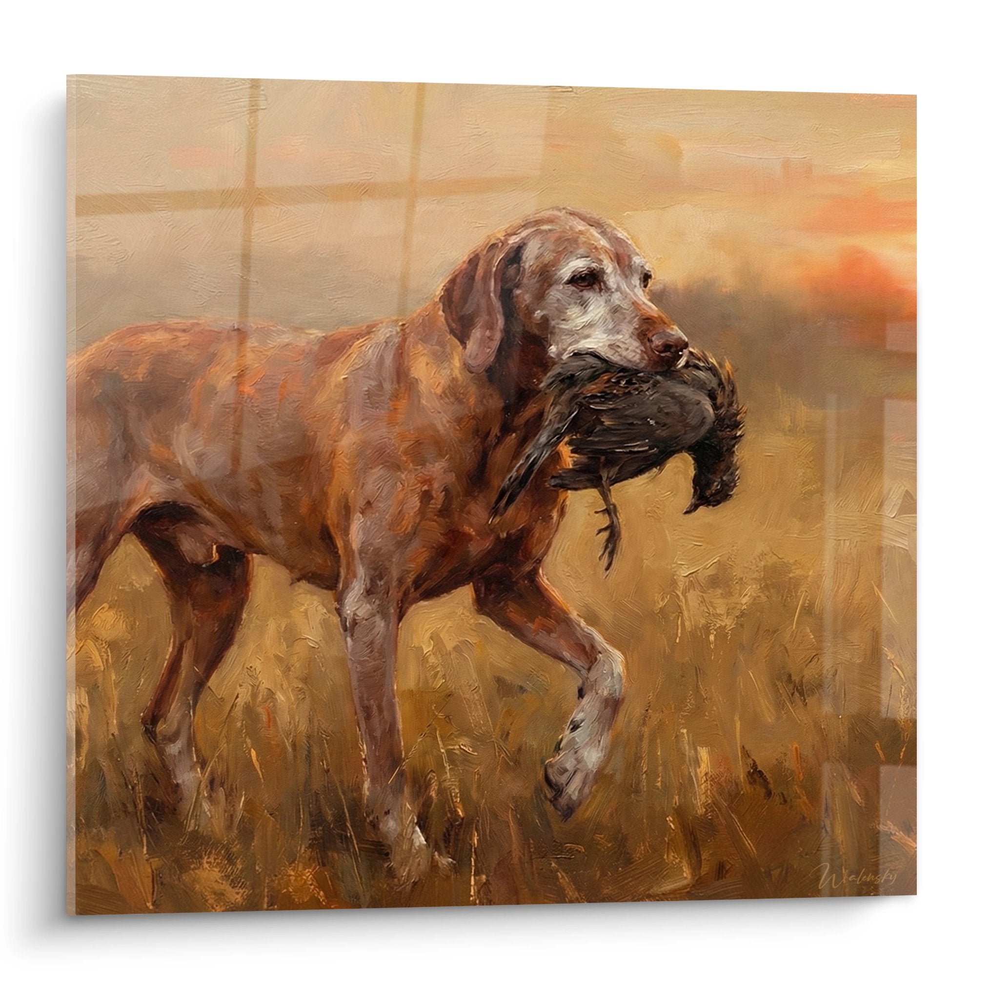 Tableau peinture Vizsla chien chasse tenant gibier oiseau prairie doree coucher soleil tons ocre