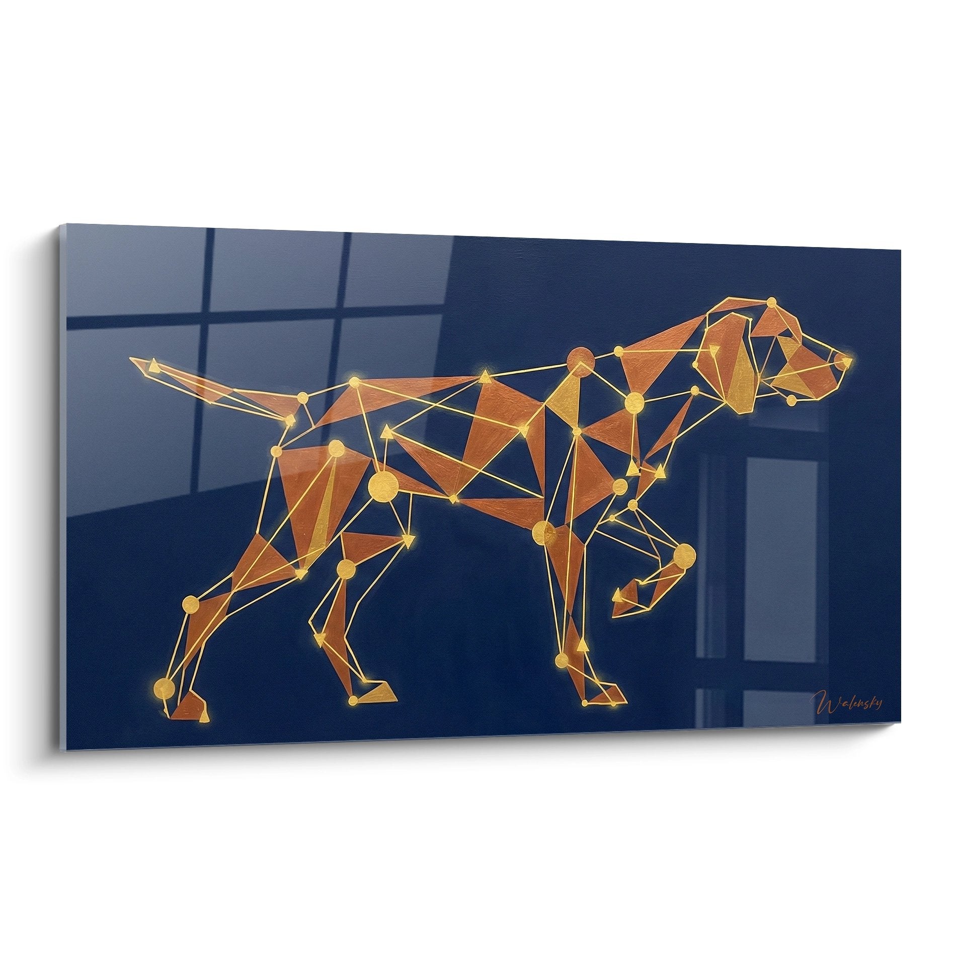 Tableau moderne Vizsla géométrique orange et or sur fond bleu avec lignes dorées connectées style low-poly