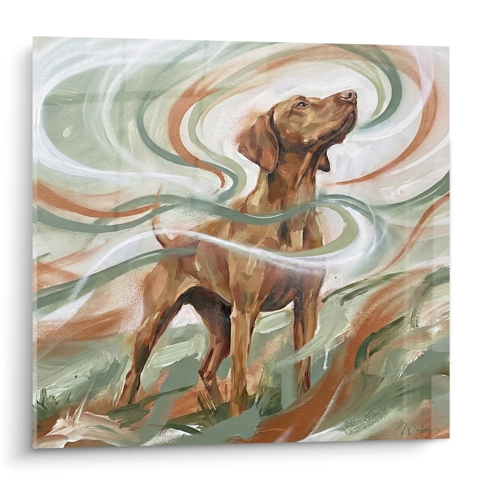 tableau vizsla chien brun mouvement tourbillon couleurs vertes ocre peinture artistique dynamique