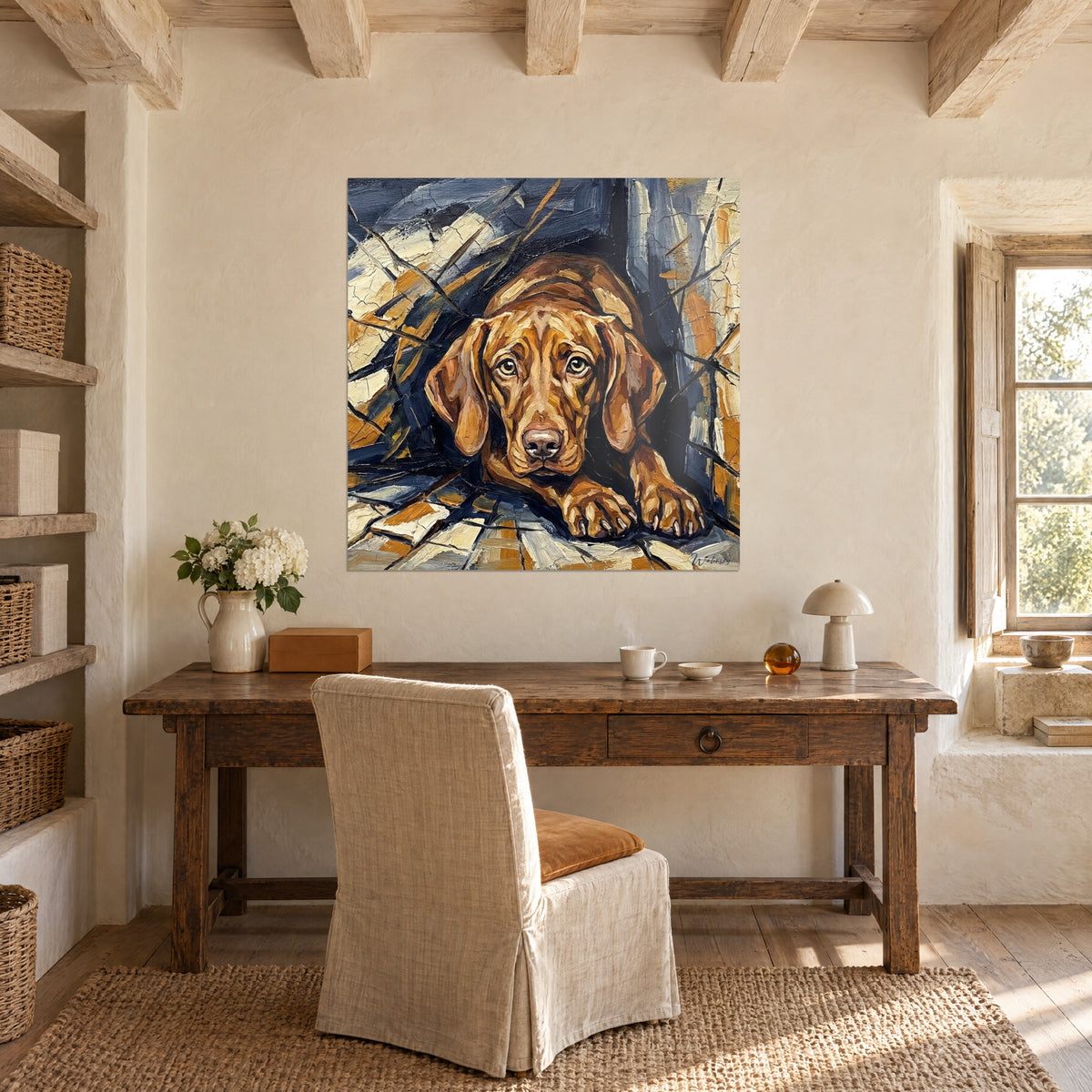 Πίνακας vizsla με απαλό, στοχαστικό βλέμμα, χαλκόχρωμο τρίχωμα, πινελιές σε σχιστολιθικό μπλε και ώχρα, πάνω από αντικέ ξύλινο γραφείο
