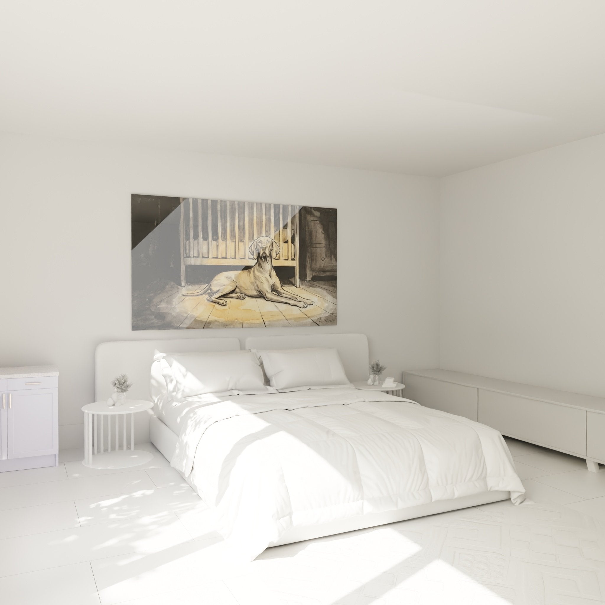 Mise en scène du tableau Vizsla au repos dans une chambre moderne aux tons chaleureux