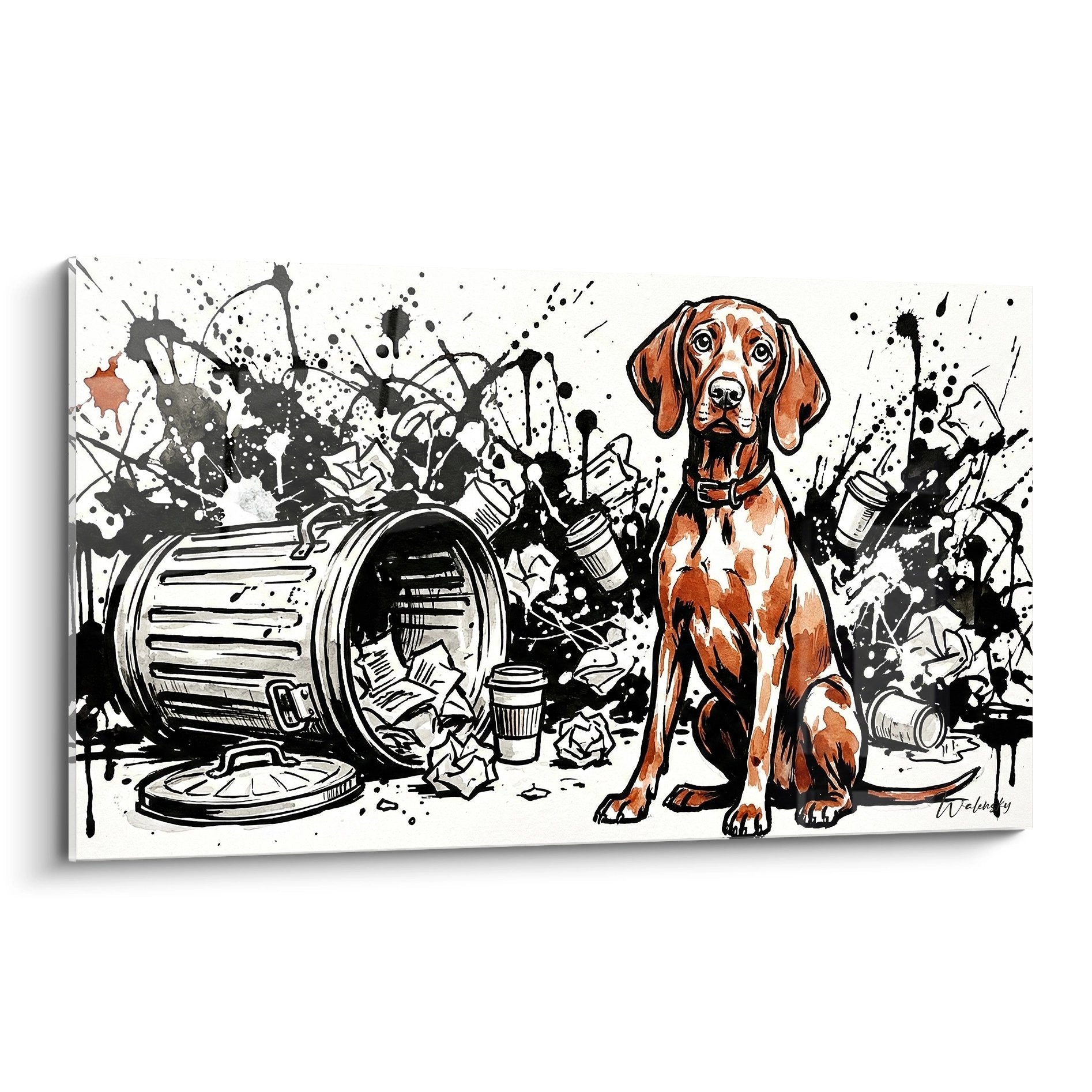 Tableau artistique Vizsla roux assis devant fond abstrait noir blanc avec eclaboussures encre style urbain moderne